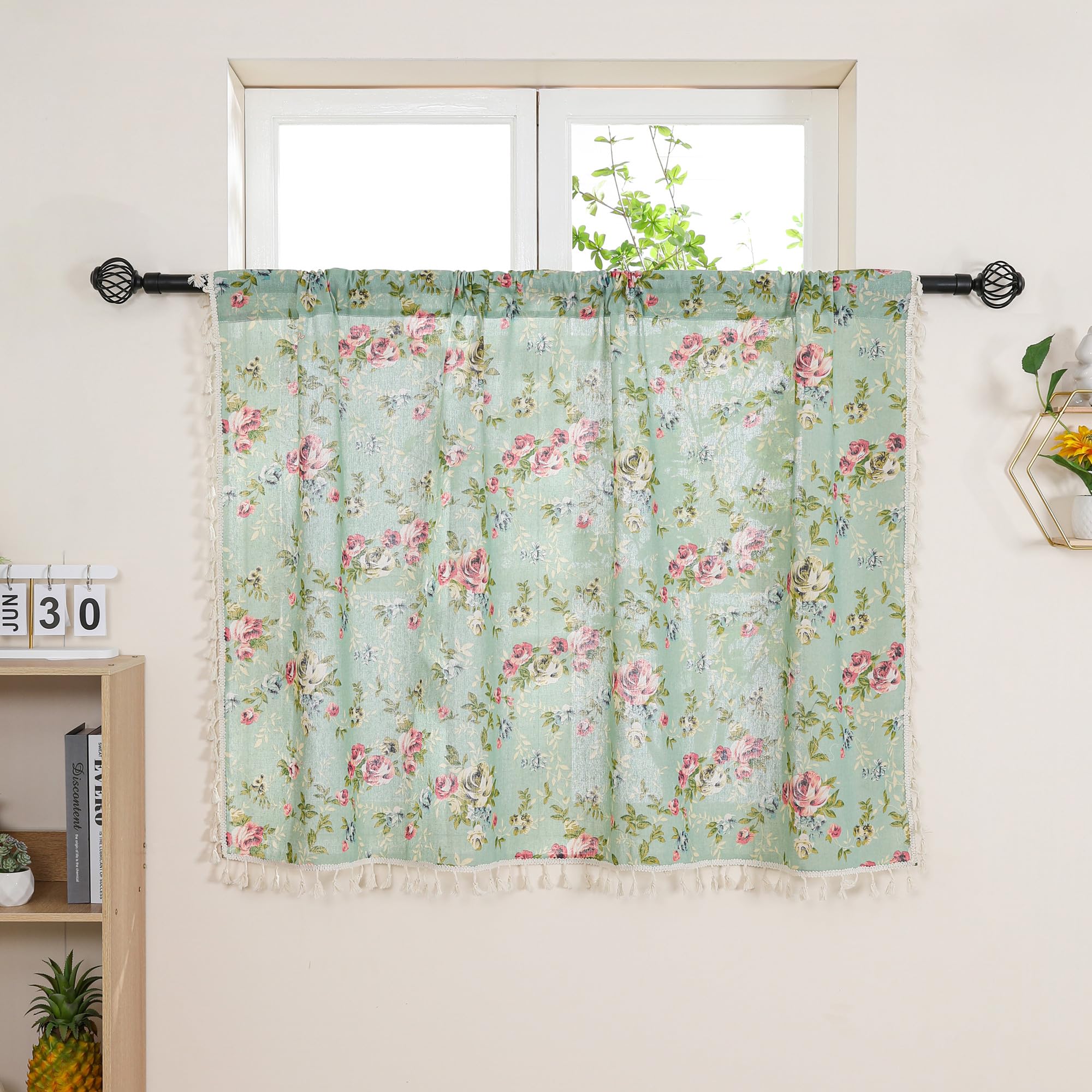 Bentrilisa Floral Farmhouse Window Tiers Curtains for Kitchen Cafe Semi Sheer Small Curtain with Tassels Flower and Leaves Vintage Chic Short Window