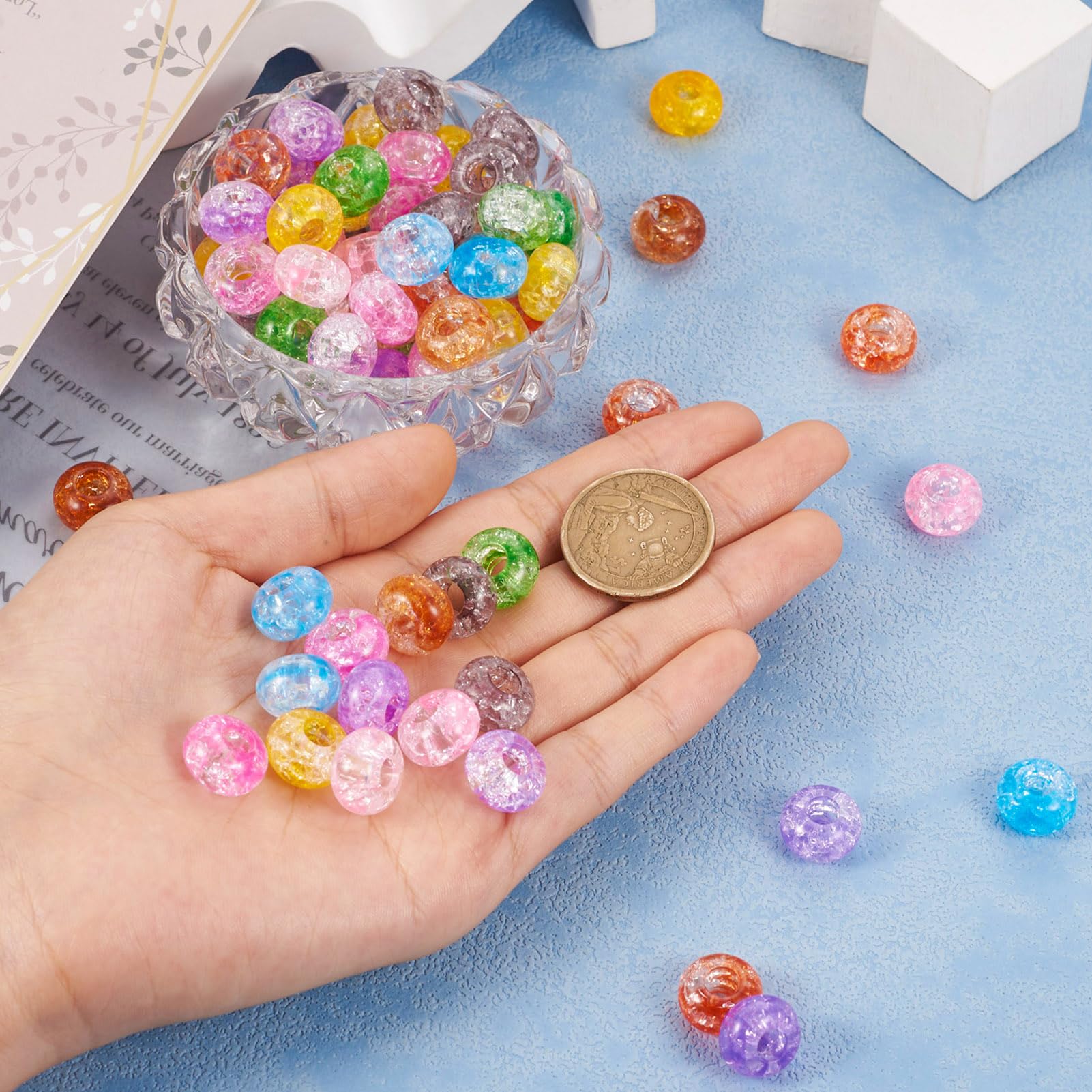 Spritewelry 90Pcs Crackle Acrylic Beads 5.5mm Large Hole European Beads Rondelle Crystal Loose Spacer Beads Charms for Bracelets Necklaces Jewelry Making 14x8mm - Image 3