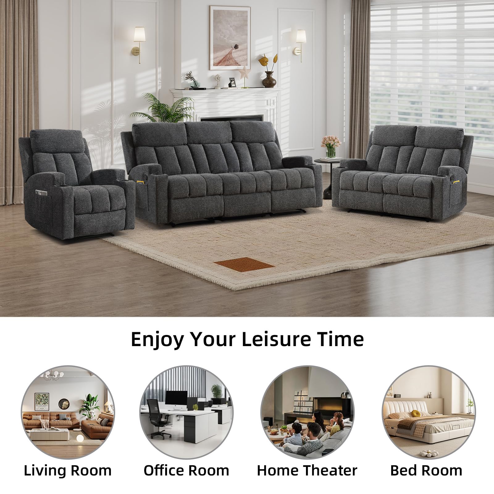 CANMOV Manual Recliner Sofa Set, Fabric Recliner Living Room Furniture Sets, 1 Seat Reclining Chair, a Loveseat, a 3 Seat Sofa Furniture Set with Side Pockets and Cup Holders, Dark Grey view 9