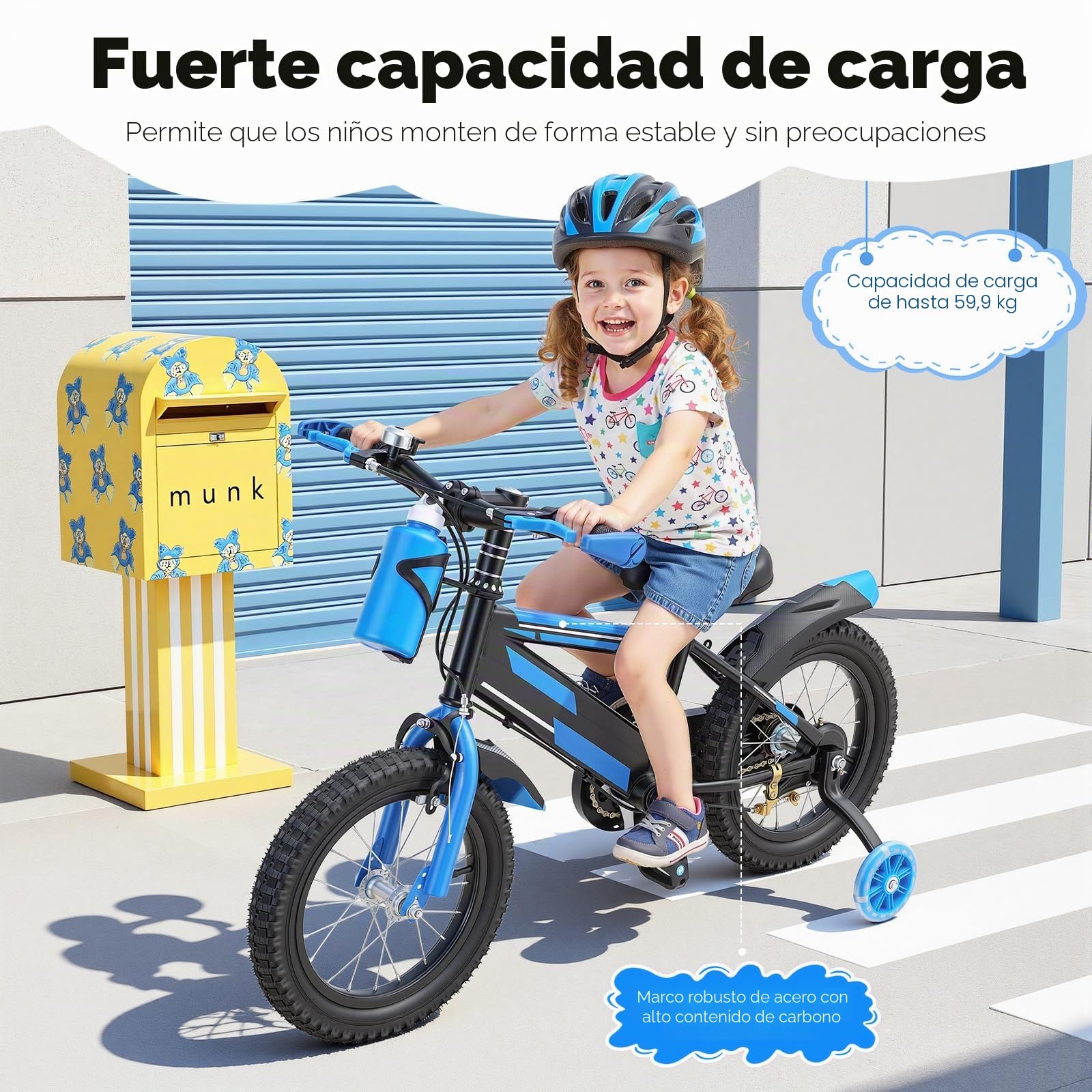 Bicicleta infantil de 14 pulgadas para niños de 3 a 7 años, bicicleta infantil ajustable con ruedines y botella, capacidad de carga 60 kg