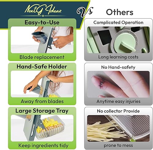 Miniatura 7 de Cortador de mandolina seguro para cocina, picador de verduras multifuncional 4 en 1, juliena, cortadora de papas fritas y papas con grosor