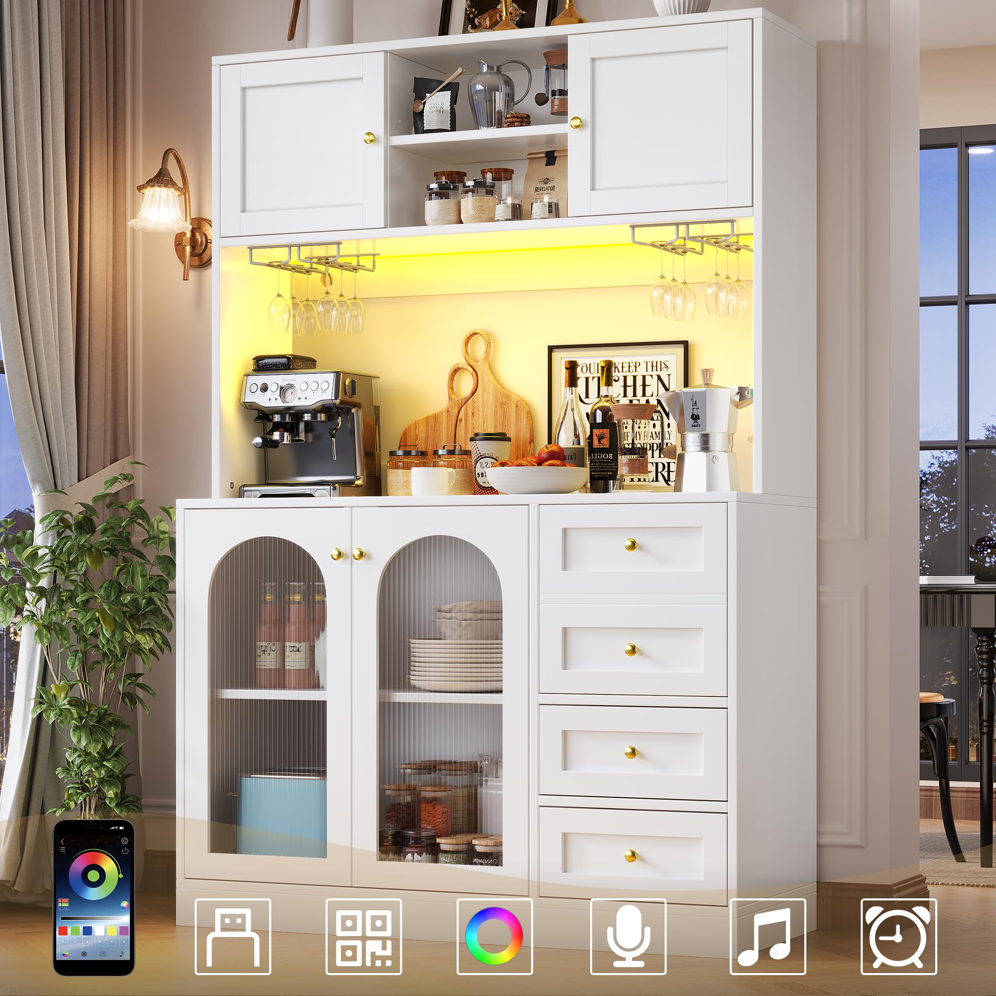 DRIXNO Küchenschrank, Aufbewahrungsschrank, Buffetschrank mit LED-Beleuchtung, Esszimmerschrank mit Getränkehaltern, 4 Türen, Sideboard für Küche Wohnzimmer Esszimmer, 120x40x188 cm, Weiß