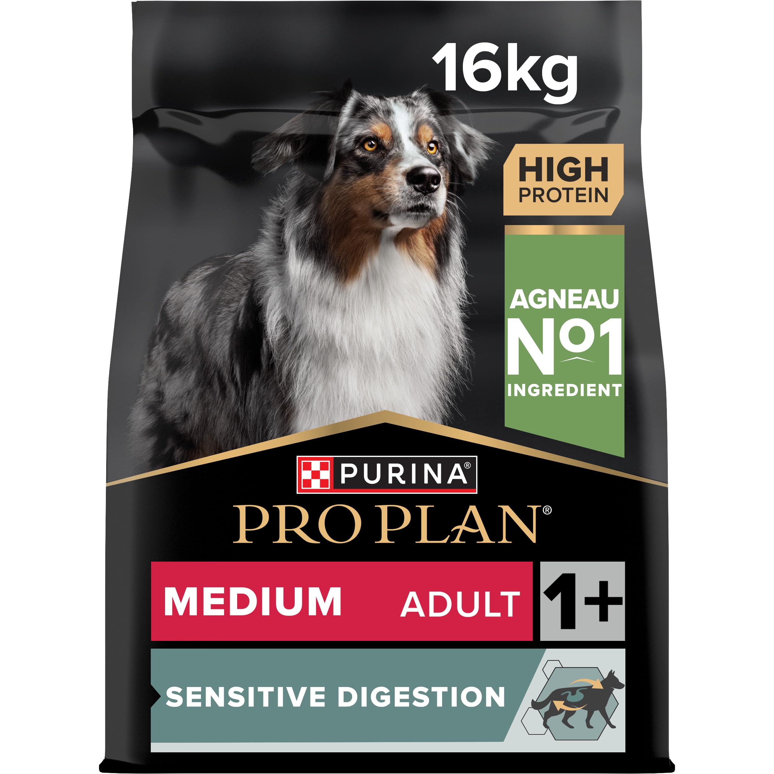 Purina Pro Plan Sensitive Digestion - Croquettes Chien Moyen Agneau - 16 kg | Croquettes Chien Moyen Digestion Sensible Saveur Agneau - Microflore renforcée via prébiotiques - Alimentation Chien