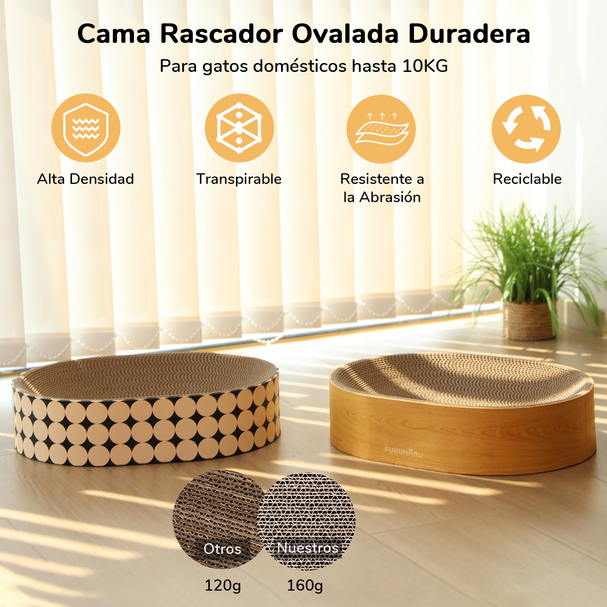 FUKUMARU Tablero Rascador Ovalado para Gatos en Cartón con Patrón de Vetas de Madera - Protege Sus Muebles para Rascar y Descansar