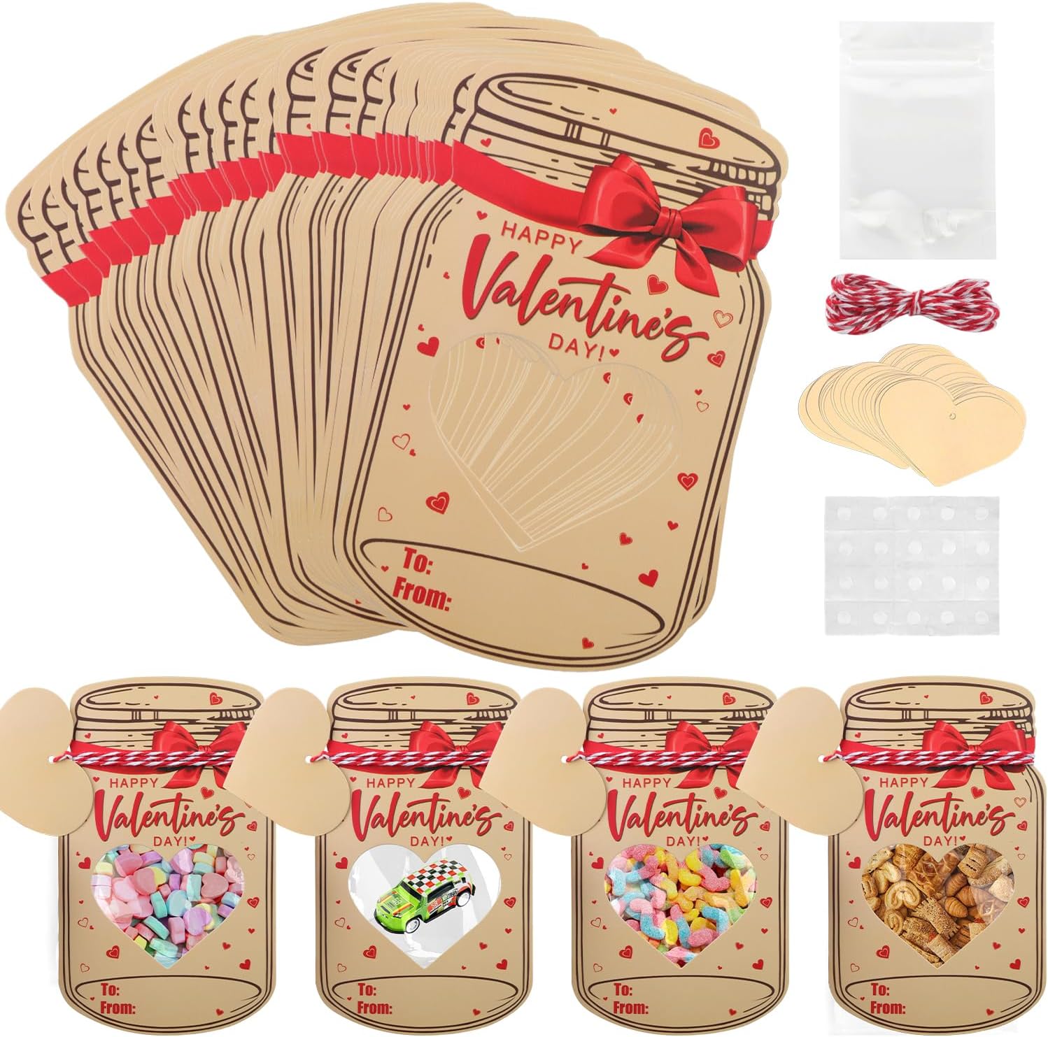 48 Pack Mason Jar Valentines Day Greeting Cards Valentine Exchange Gift Cards Bulk for Kid Boys Girls Toddler School Class Classroom Party Favors