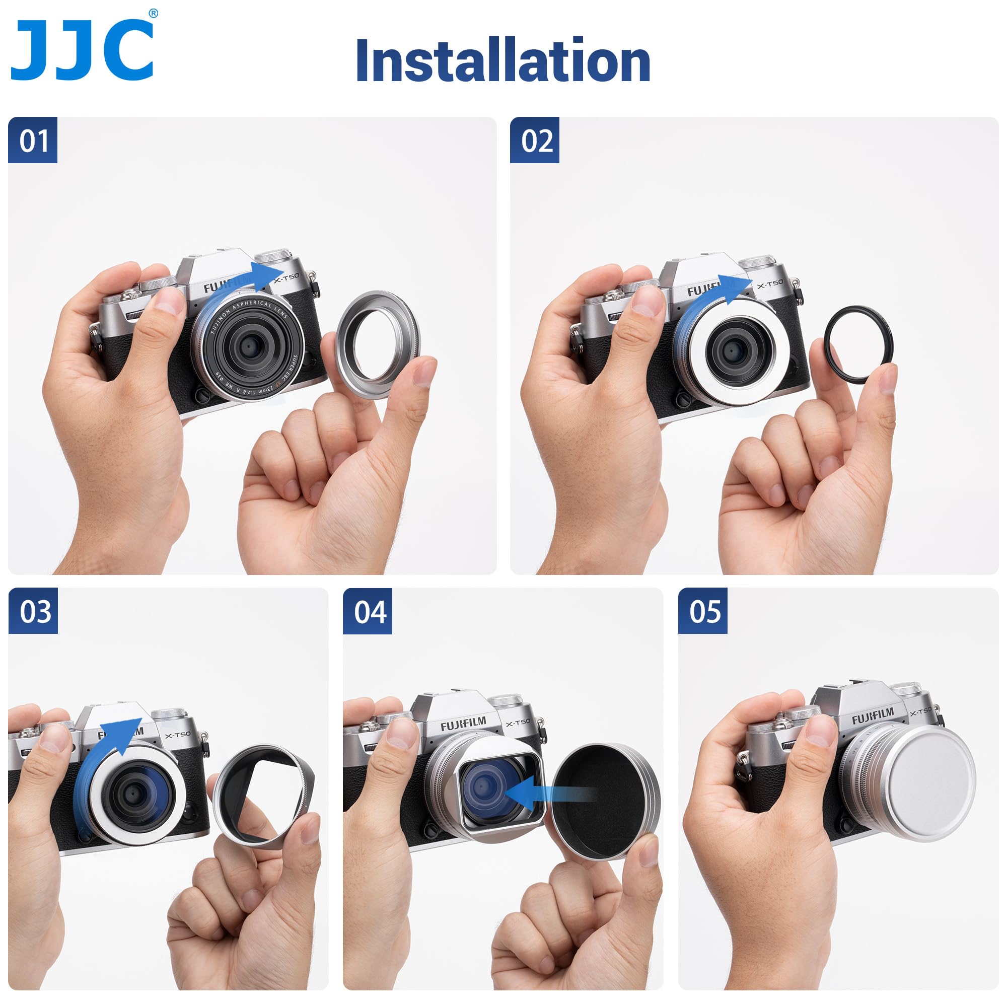 JJC Metall-Bajonett-Gegenlichtblende und -Kappe mit Adapterring, kompatibel mit Fujifilm X-E5 + XF 23 mm F2.8 R WR, XF 27 mm F2.8 R WR, XF27 mm F/2.8, passend für Ф39 mm Filter, ersetzt LH-XF27