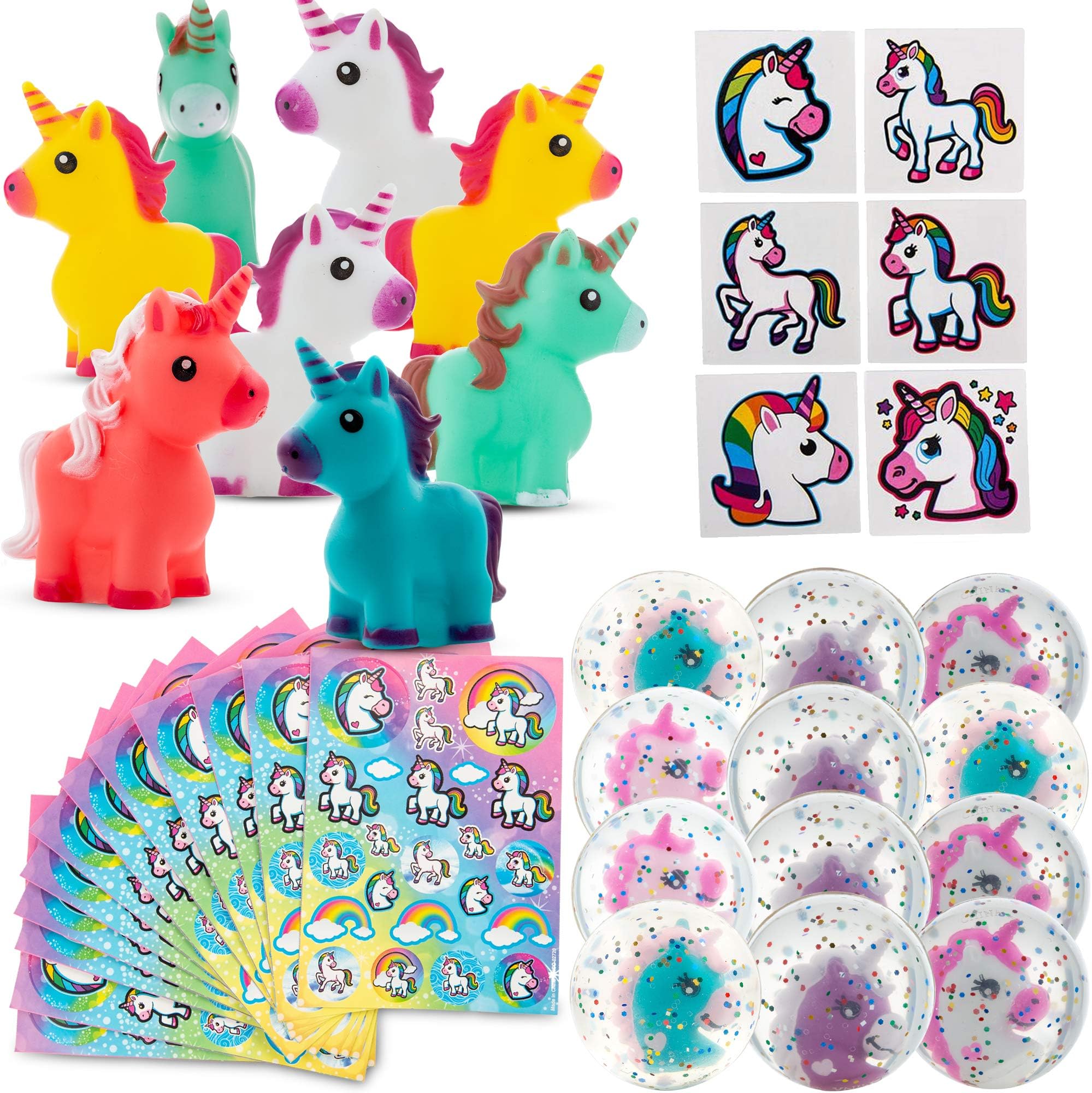 Favinor™ Unicorn Party Favor Stationary 48 Gift Pack – 72 Tattoos - Mini Squeezable Unicorns – Hi-bounce balls – Stickers - Kids Birthday Party Supplies Bulk Set, Reward Prizes, Carnival & Events