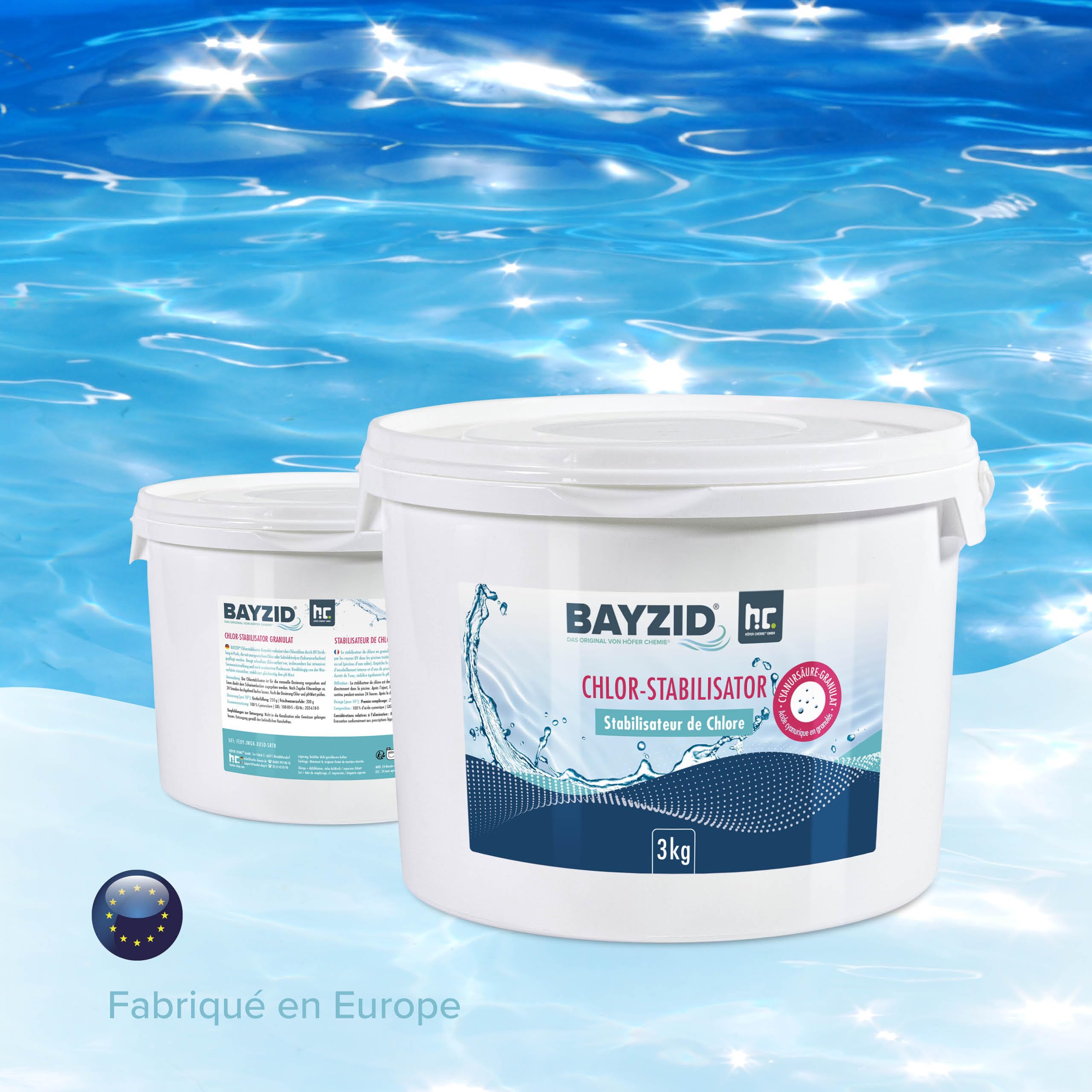 BAYZID Stabilisateur de Chlore pour Piscine 3 kg - Acide Cyanurique en Granulés - Anti-UV et Économiseur de Chlore - Idéal Électrolyse au Sel et Chlore Liquide - Eau Cristalline