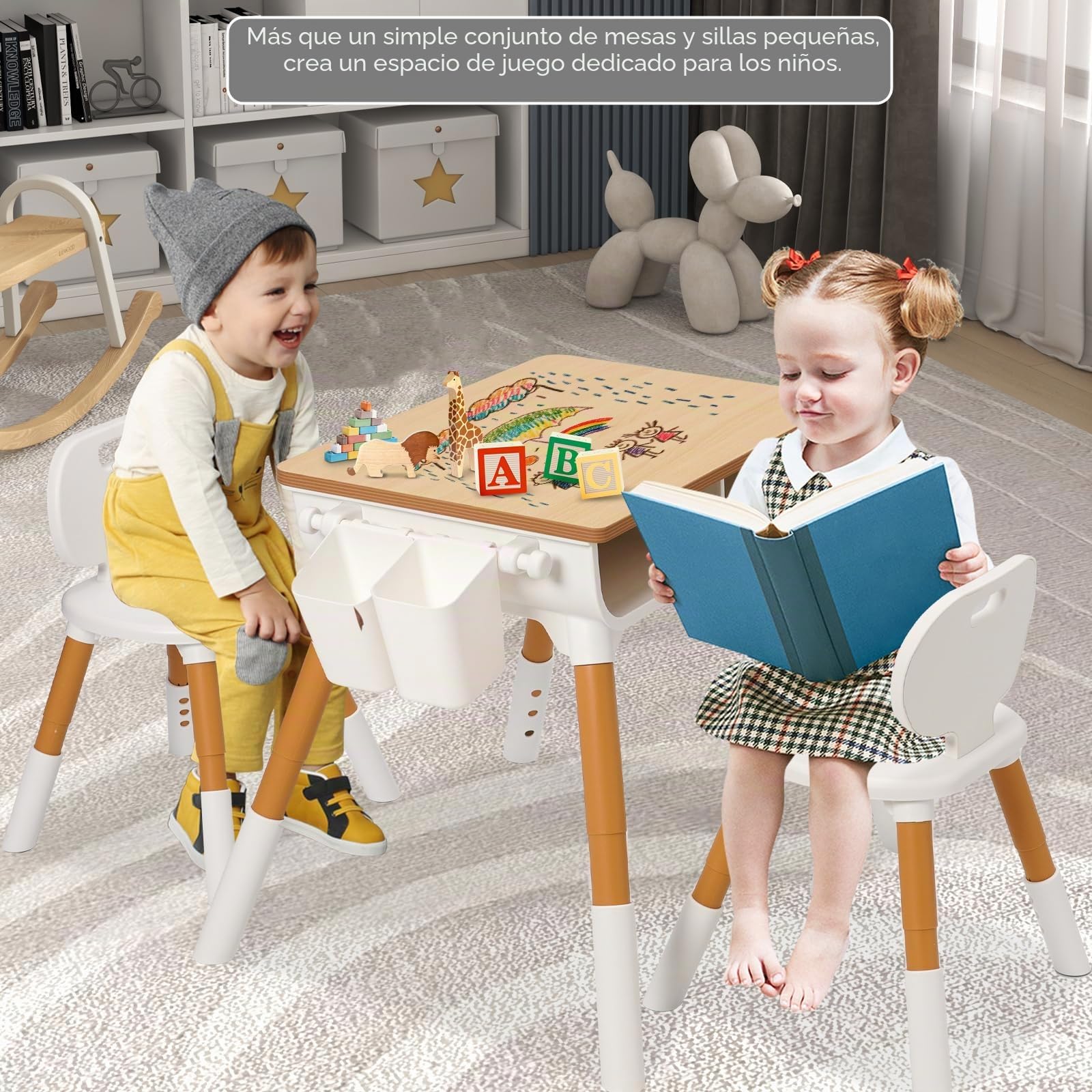 Mesa infantil con 2 sillas, altura regulable, grupo de asientos infantiles para guardería, escritorio para niños con espacio de almacenamiento y silla infantil, juego de sillas para niños