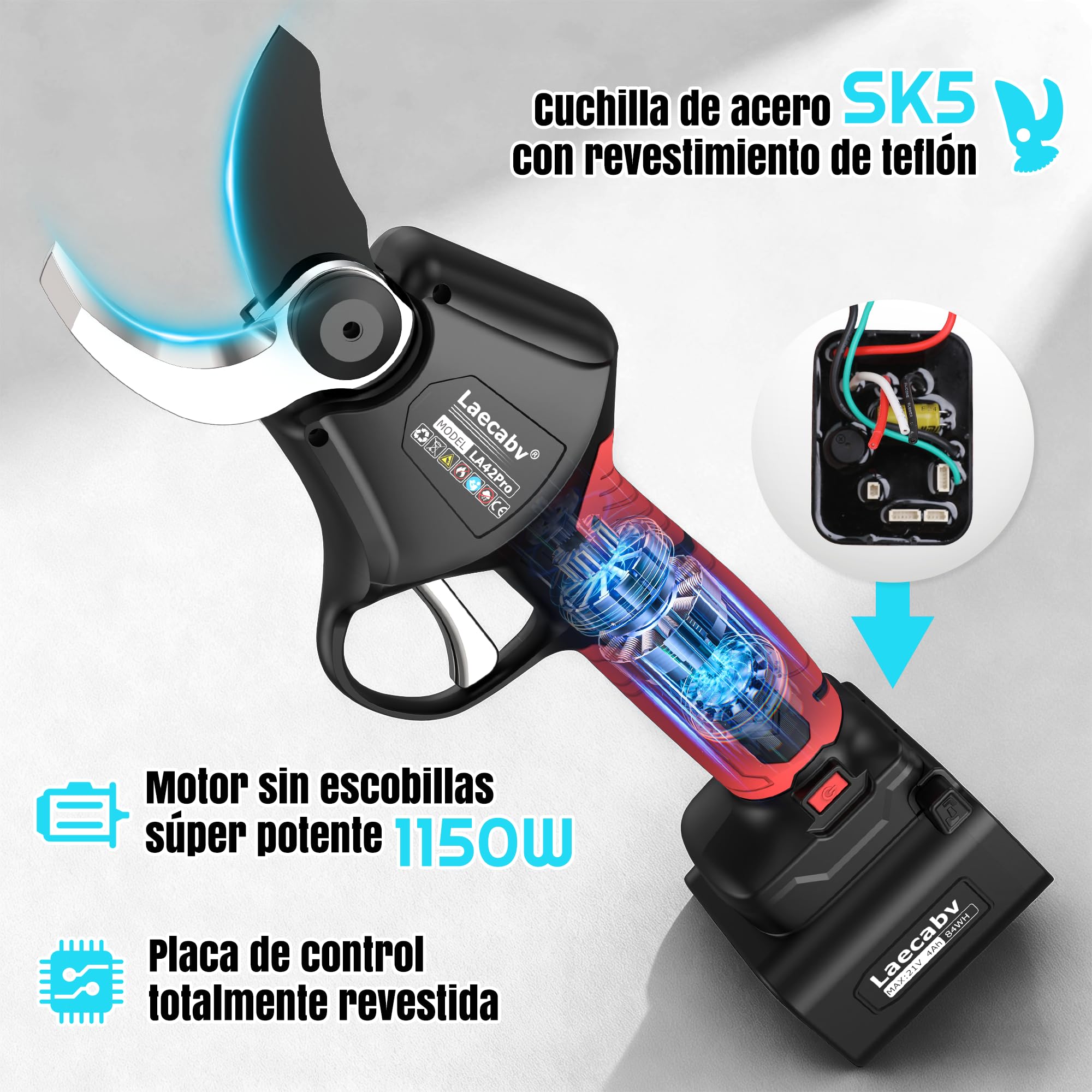 Laecabv 42mm Tijeras de Podar Eléctricas 21V 1150W Profesional Tijeras de Podar Bateria, 2X4000mAh Baterías,Pantalla LCD, Corte Progresivo Viñas (LA42Pro)