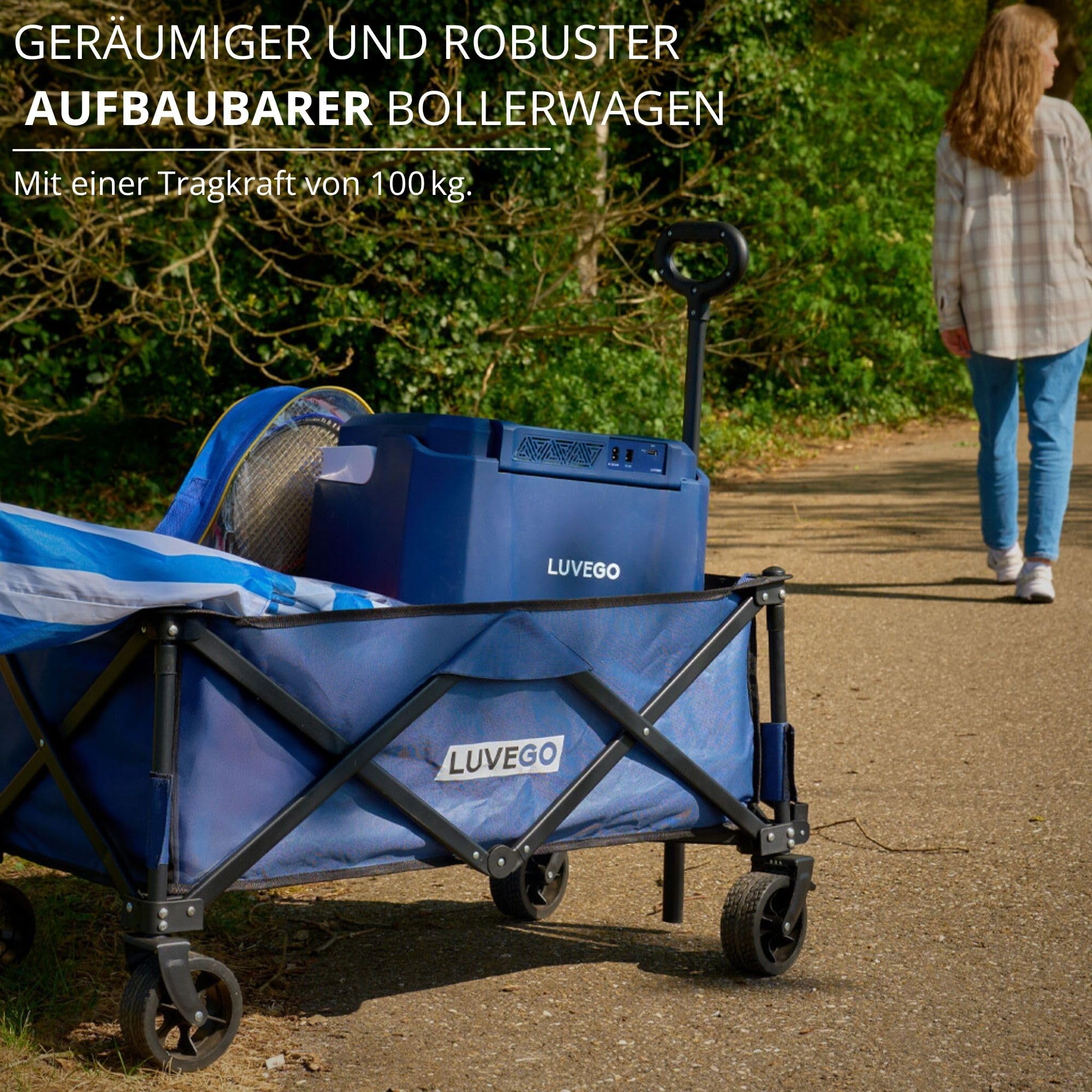 Luvego Faltbarer Bollerwagen - Geräumiger bollerwagen, Geländegängigen Rädern, 100KG Tragfähigkeit, Verstellbarer Griff, Kompakte Aufbewahrung, 80x39x33CM