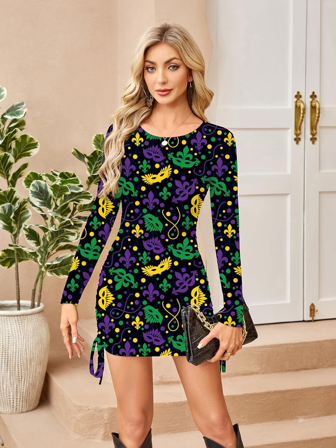 Women's Festival Dress - Crewneck Long Sleeve Adjustable Drawstring Mini Dress with Earrings