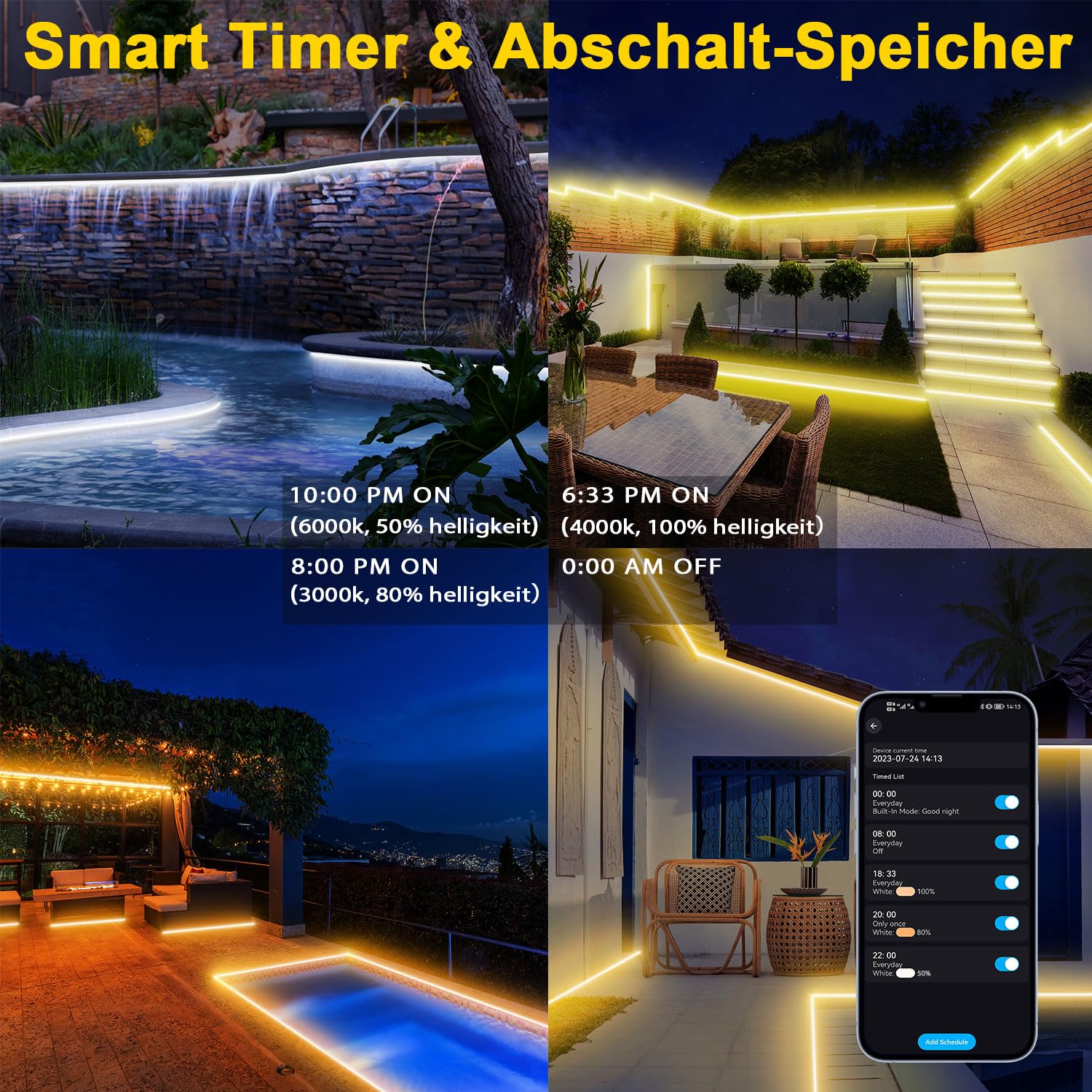 Striscia LED Esterno Bianco Freddo a Bianco Caldo Dimmerabile, Luci LED Compatibile con Alexa, Luce LED Senza Filo Smart, 24v Impermeabile Striscia Adesive per Cucina, Giardino (IP67) (15M)