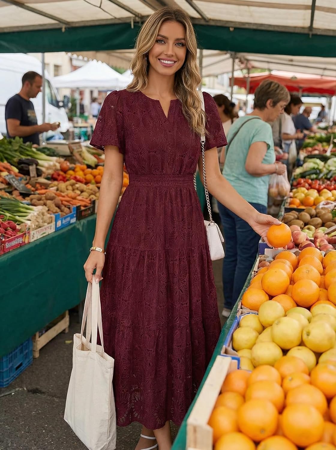 MEROKEETY Women's Summer Floral Maxi Dress 2026 Spring Boho Vacation Eyelet Lace Short Sleeve A Line Tiered Flowy Dresses - Image 7