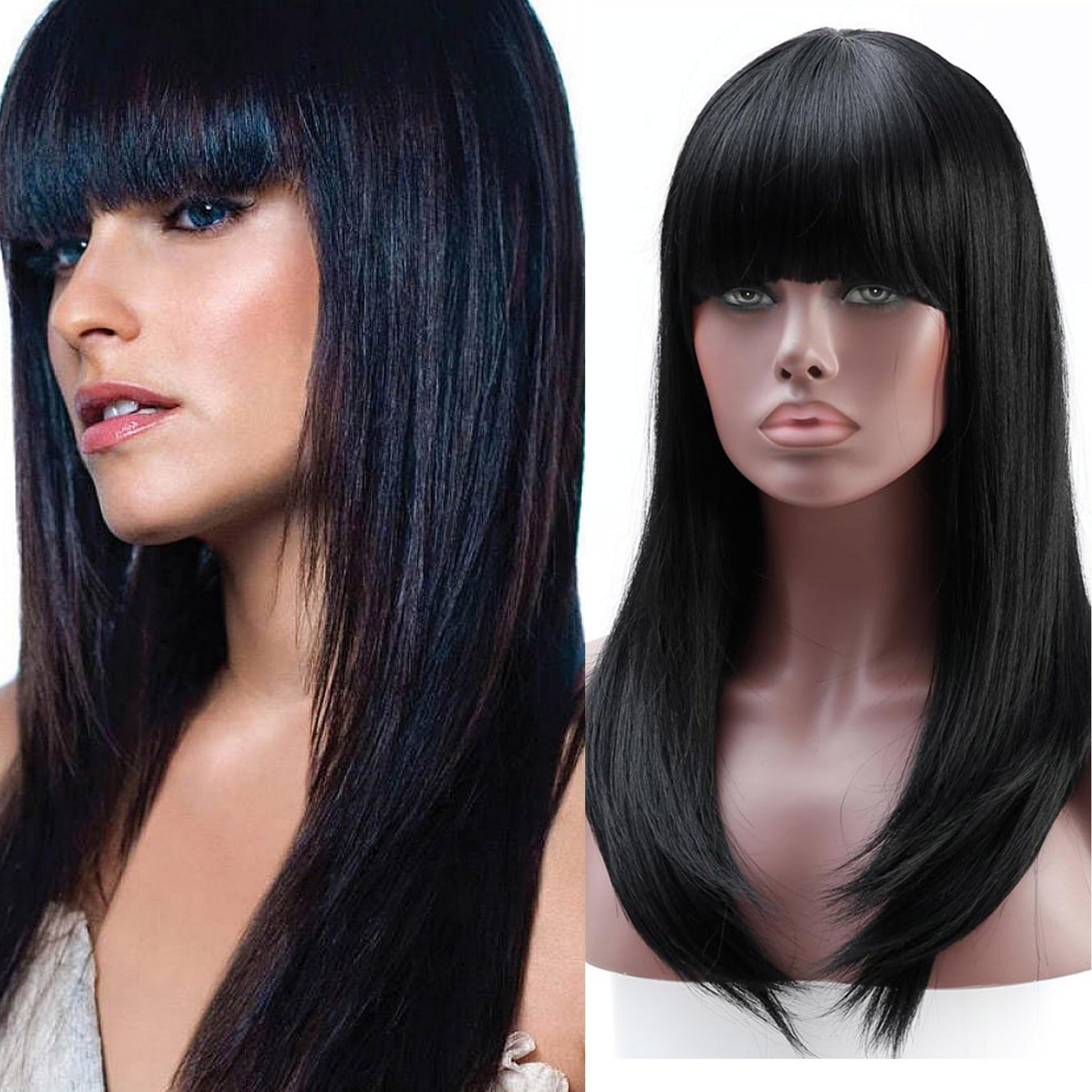 AOSI WIG Women's Straight Cosplay Costume Wig Black Flat bangs Synthetic Wig Anime Black Hair (1B#)