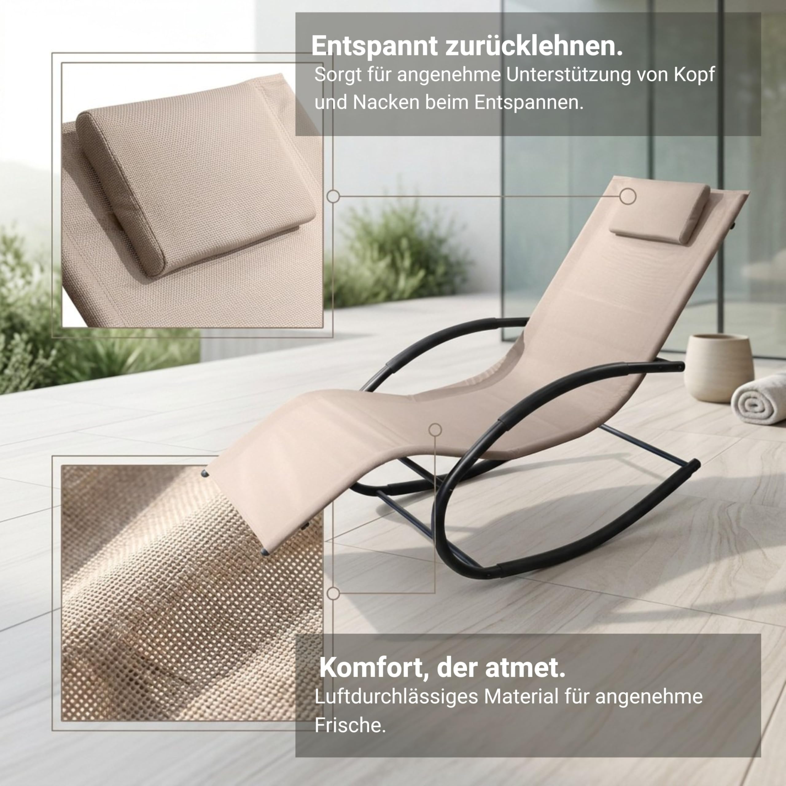 novaterra® Premium Sonnenliege Beige – modernes Design, hohe Qualität Wetterfeste Gartenliege für Outdoor & Pool | Ergonomische Relaxliege, stabil & langlebig