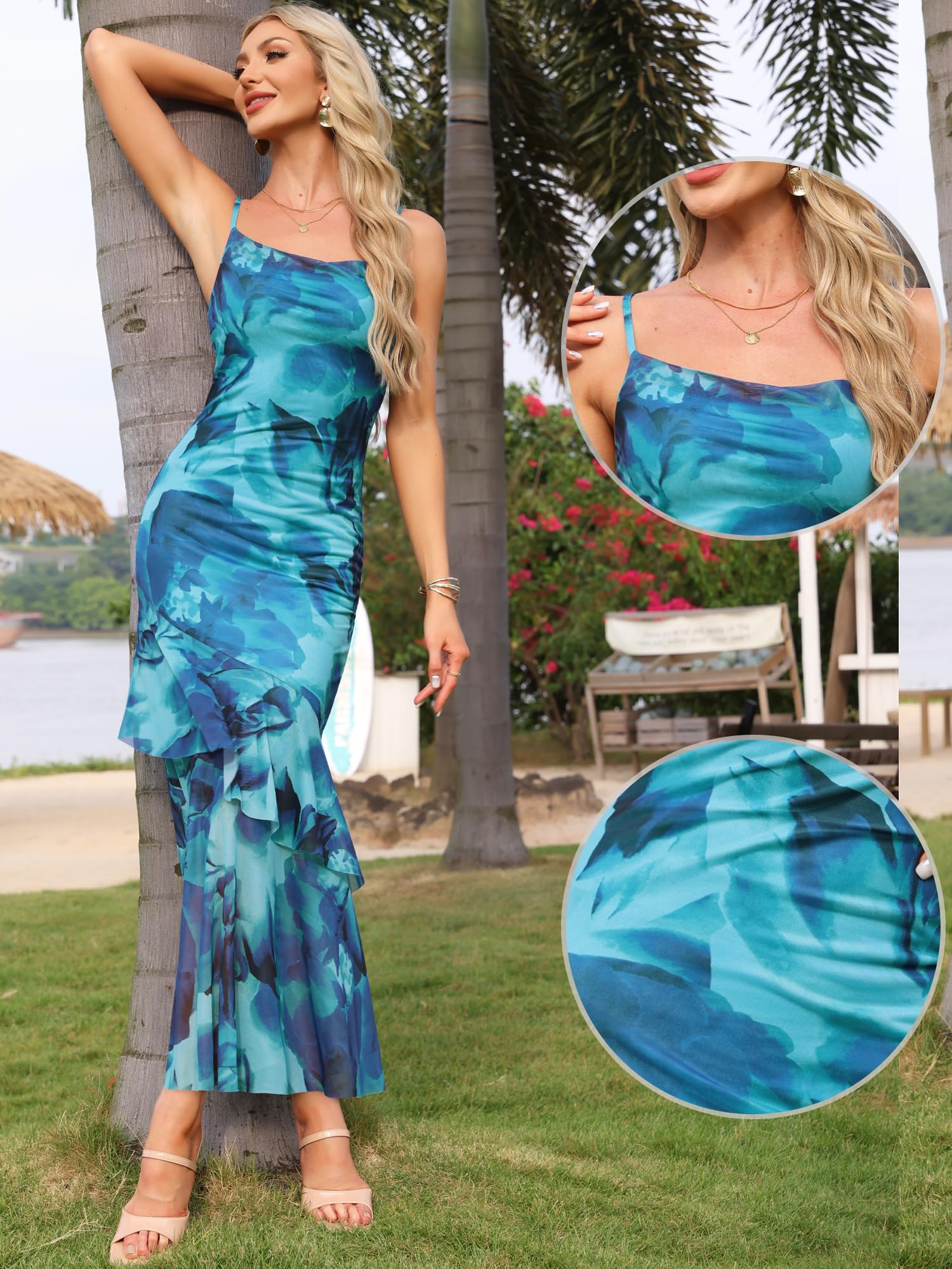 Allegra K Mujer Vestido Maxi Malla Estampado Floral para Fiesta Playa Boda