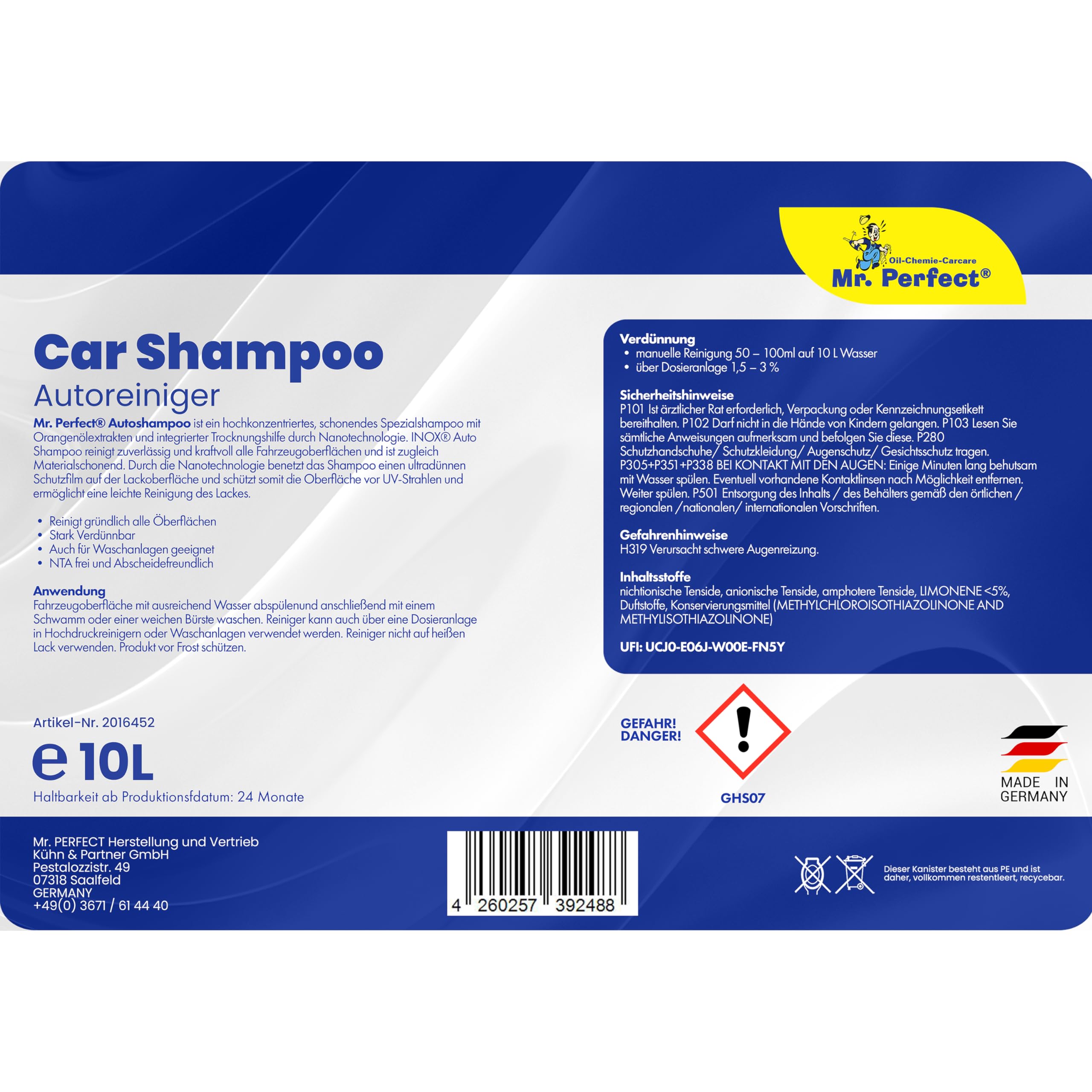 Mr. Perfect – Autoshampoo Konzentrat im praktischen 2x10L Kanister | Autoshampoo für Hochdruckreiniger und Waschanlagen | Autoreiniger mit Abperleffekt