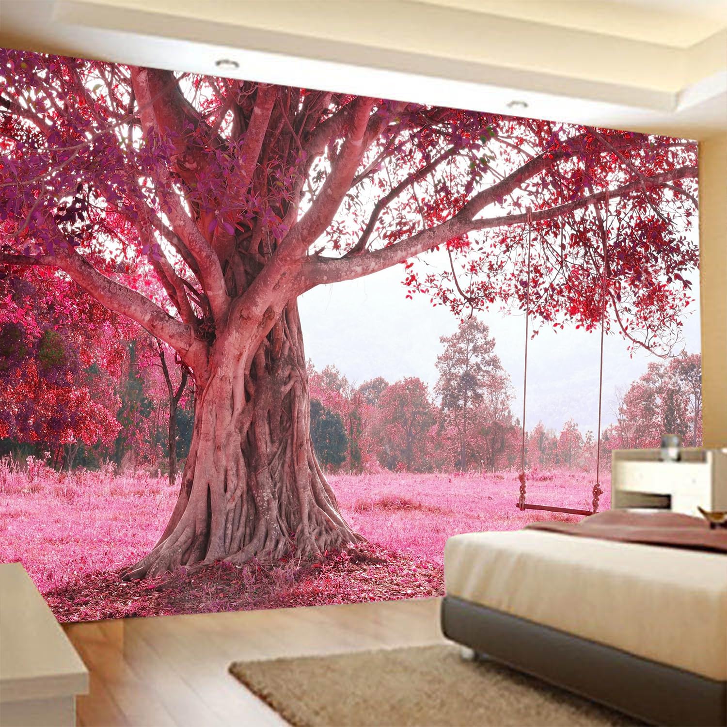 FENDROM Autumn Pink Flower Tapestry Window View Wall Hanging