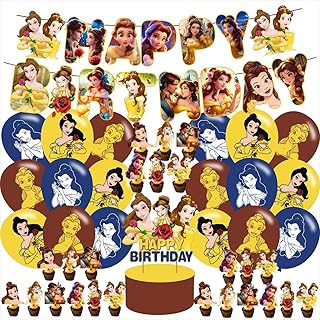 Princess Belle Birthday Party Decoration, Beauty and Beast Theme Banner, Cake Topper, Latex Balloons for Princess Birthday Party Supplies