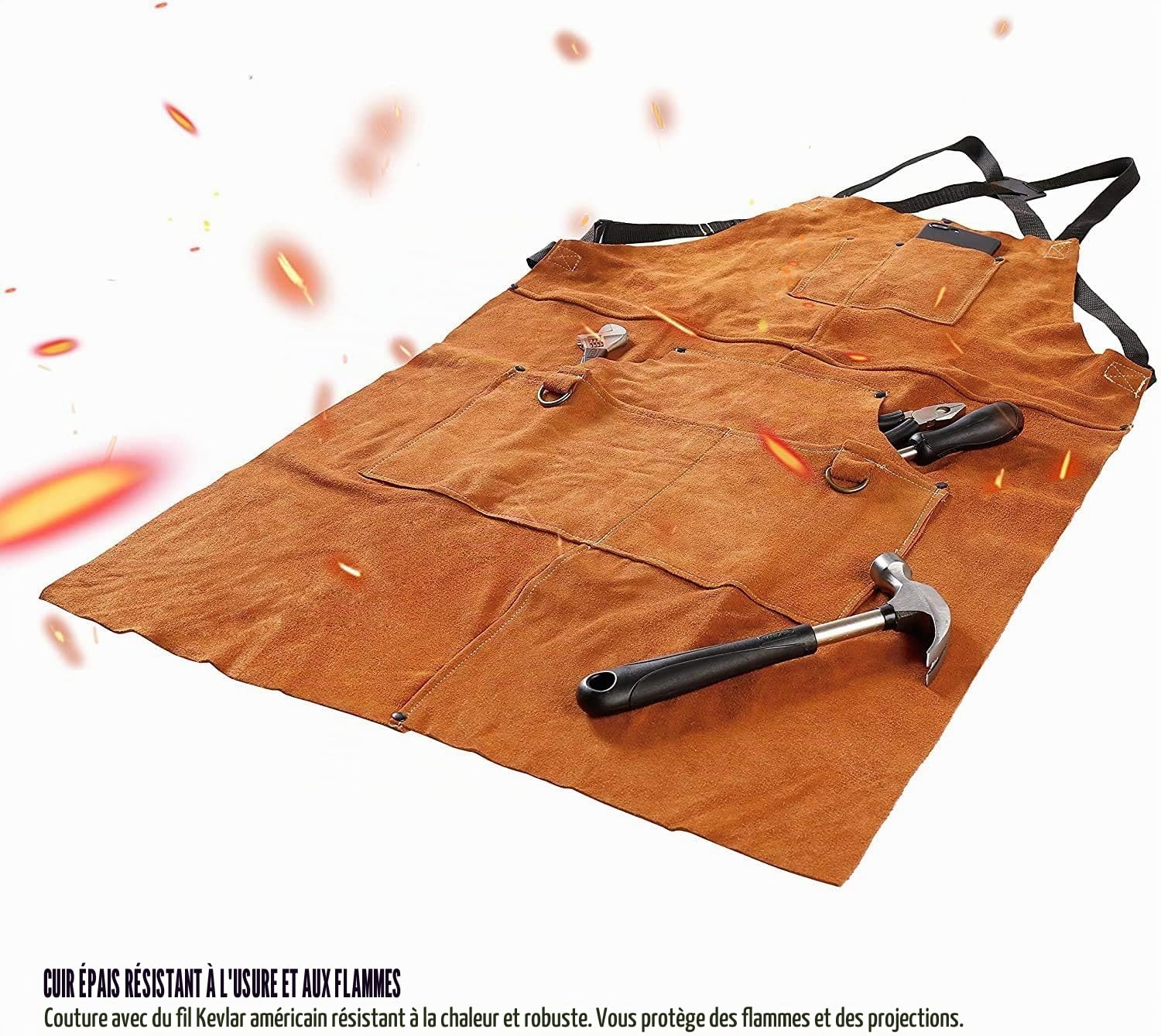 QeeLink Tablier de travail en cuir avec 6 poches à outils, tablier de soudure robuste pour homme et femme, résistant à la chaleur, 61 cm x 91 cm, réglable de taille M à XXL
