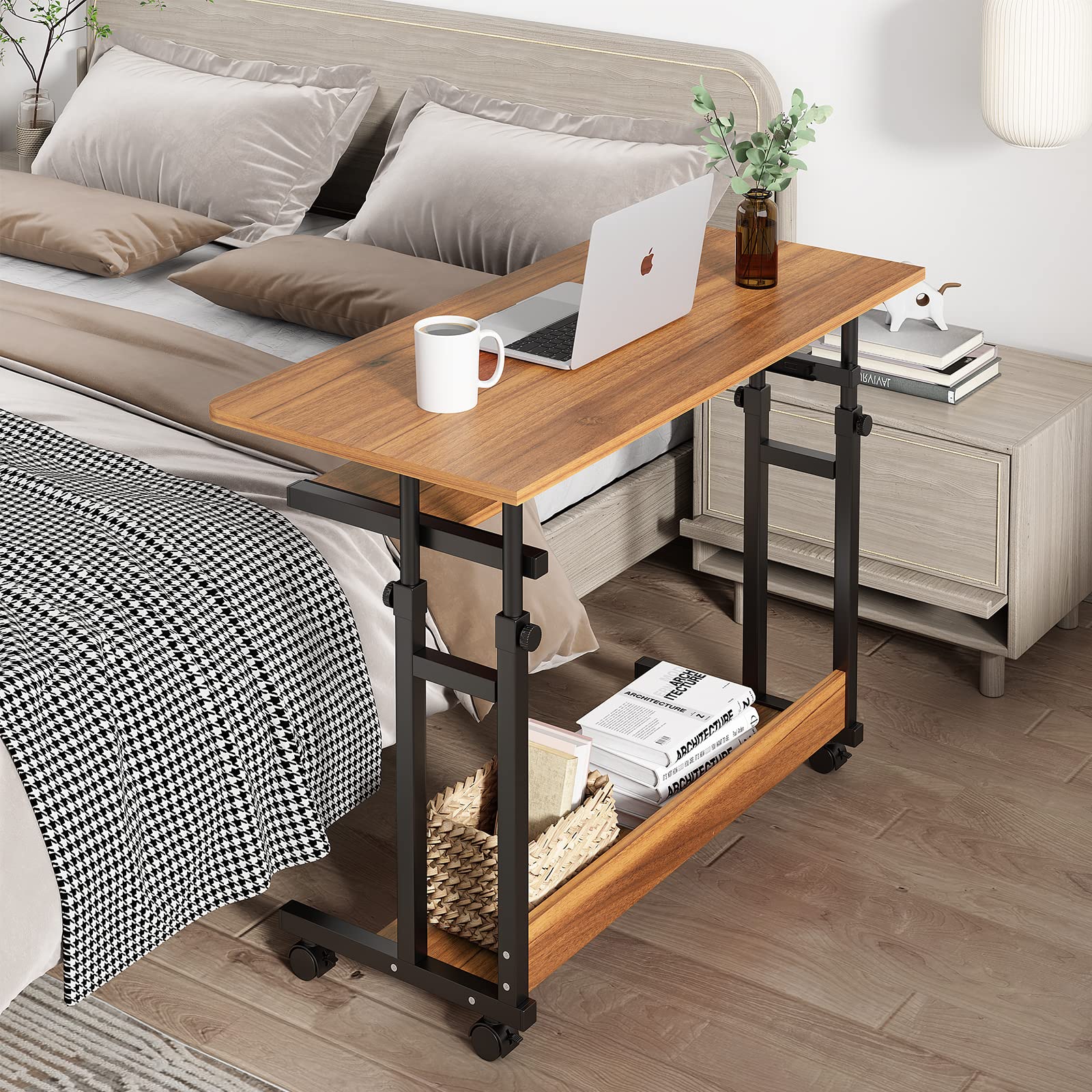 Dripex Bureau Mobile Réglable en Hauteur avec roulettes | 80x45cm, hauteur de 69 à 90cm, avec 2 étagères de rangement, pour le bureau, le bord du lit ou le canapé, Noyer