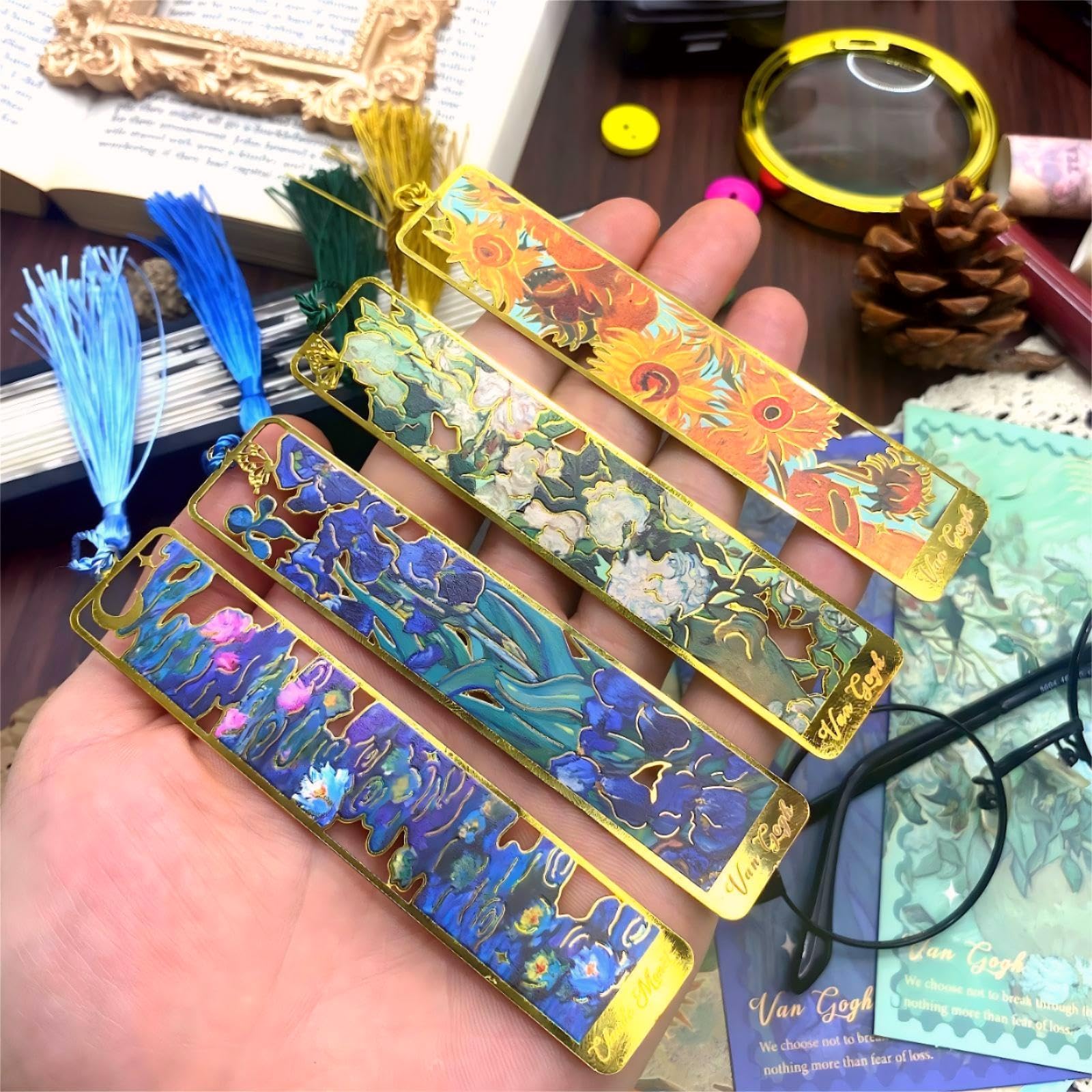 Uideyvi 2 Metal Bookmarks With Tassel, Oil Painting Starry