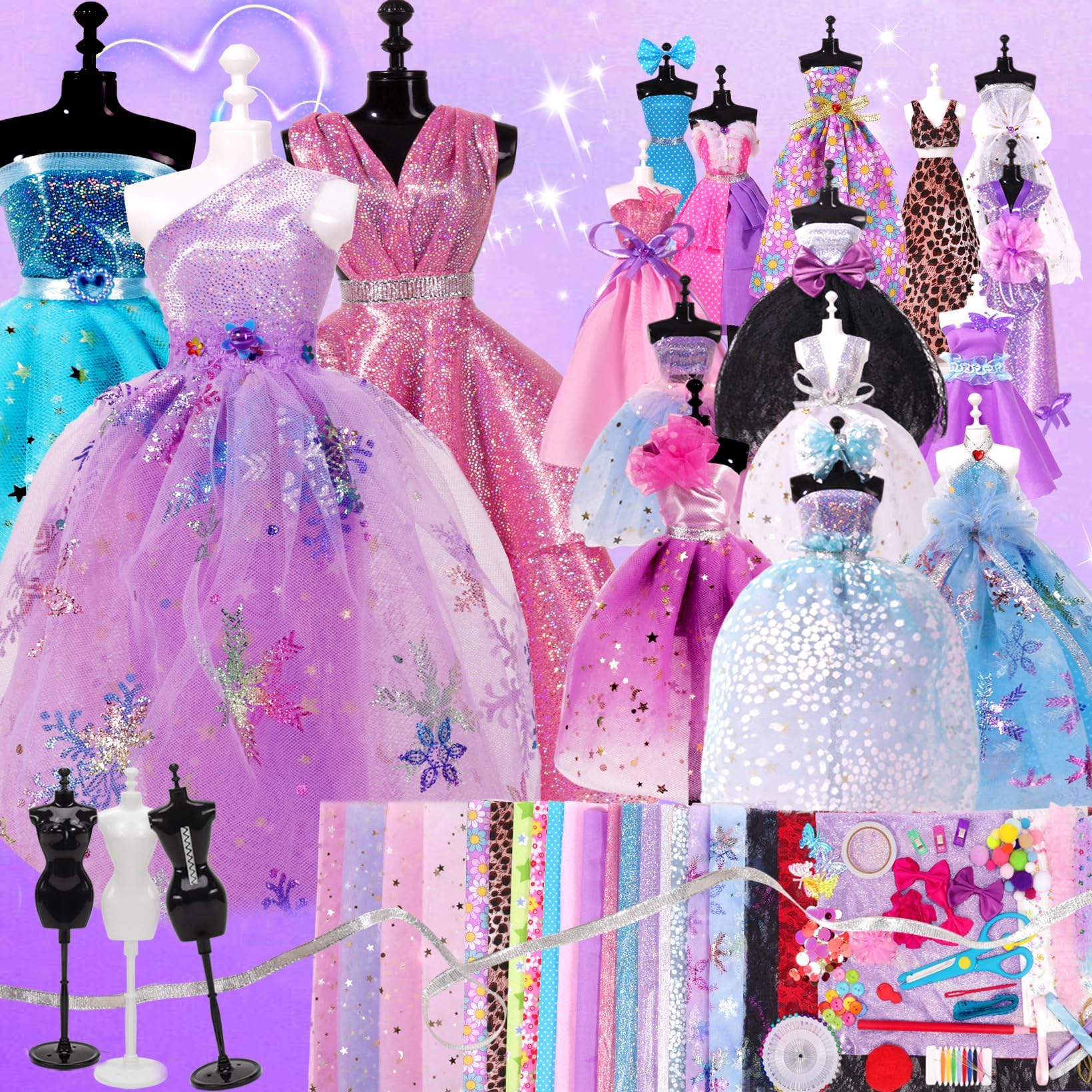 Rulwuck 500+Pcs Fashion Designer Kit for Girl - DIY Doll Clothes Making Set with 3 Mannequin - Arts and Crafts Kit - Doll Dress up Toys Sewing Kit for Kid Ages 6-12 - Gift Age 6 7 8 9 10 11 12