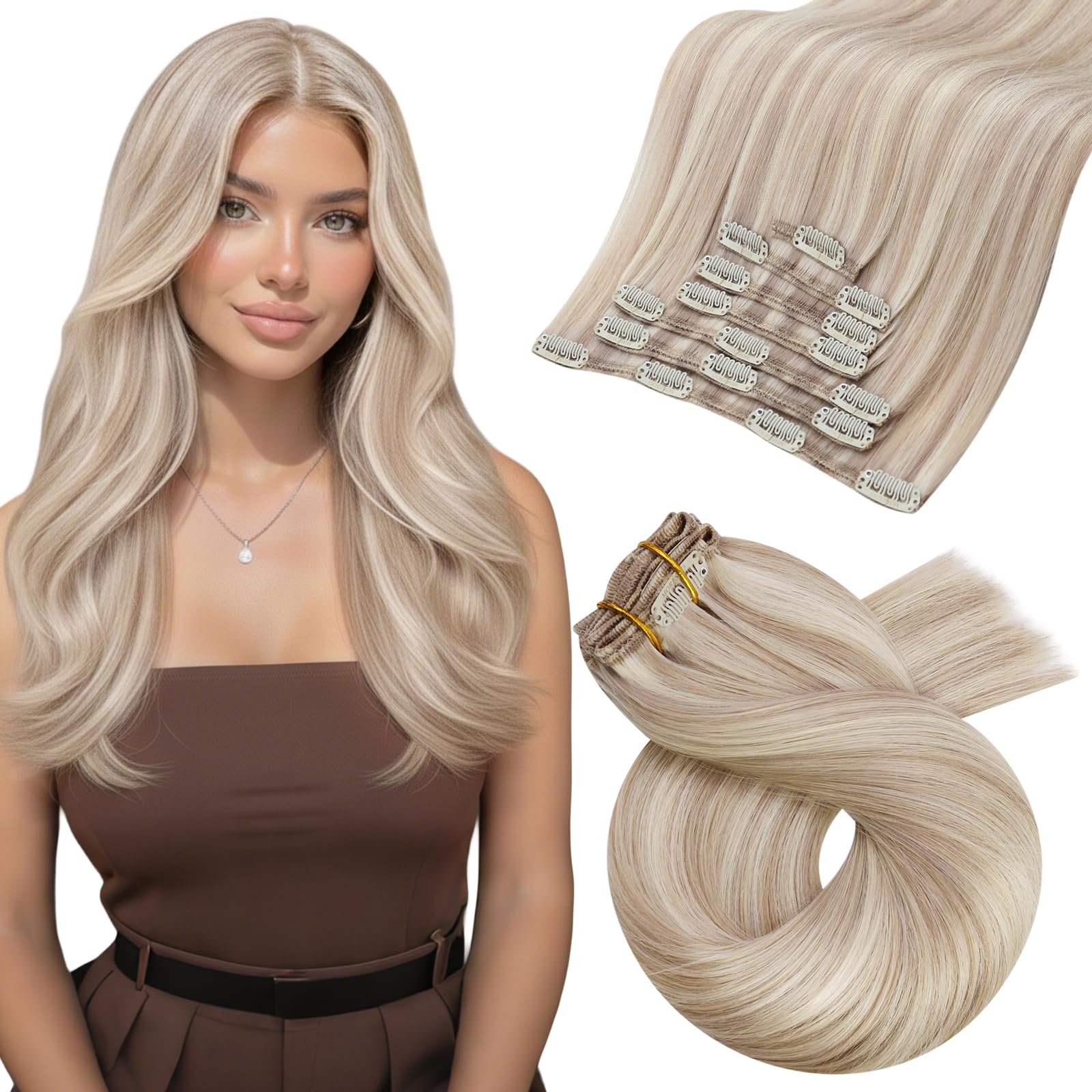 Moresoo Human Hair Extensions Clip in Real Hair Ash Blonde with Bleached Blonde Clip in Hair Extensions Remy Human Mid-length Hair Layered Add Volume 14 Inch 5pcs/80g #P18/613 — view 10