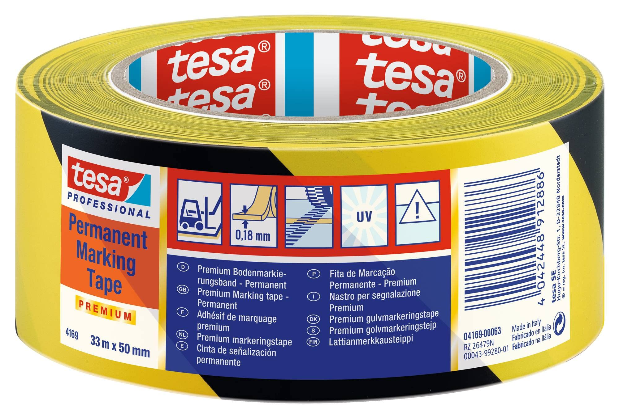 tesa 4169, Nastro segnaletico per pavimenti in confezione da 6, Nastro segnaletico autoadesivo per la marcatura di aree, nero-giallo, 6 rotoli ciascuno 33 m x 50 mm