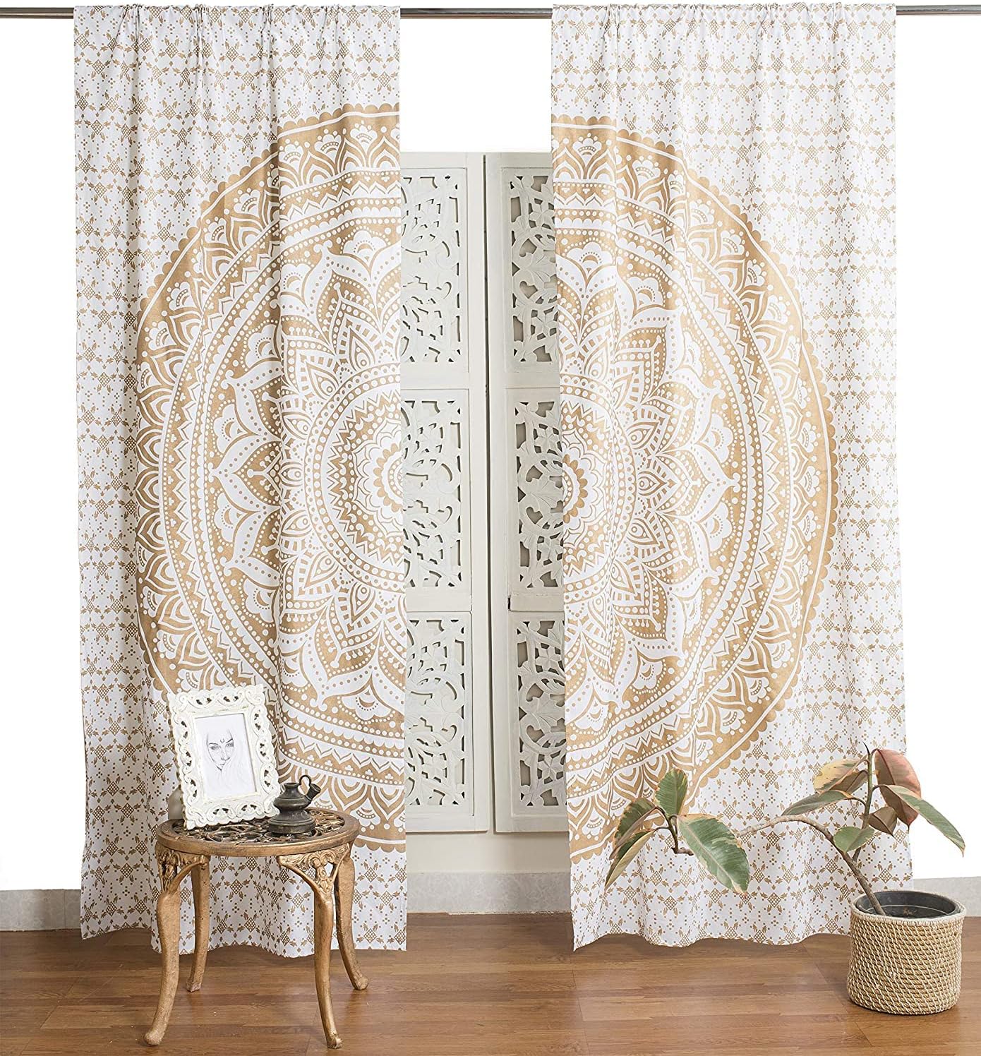 RATANA Indian Large Ombre Gold Mandala Window Curtain Indian Drape Handmade Curtain Panel Mandala Curtain Curtains Drapes & Valances Vintage Window Treatment