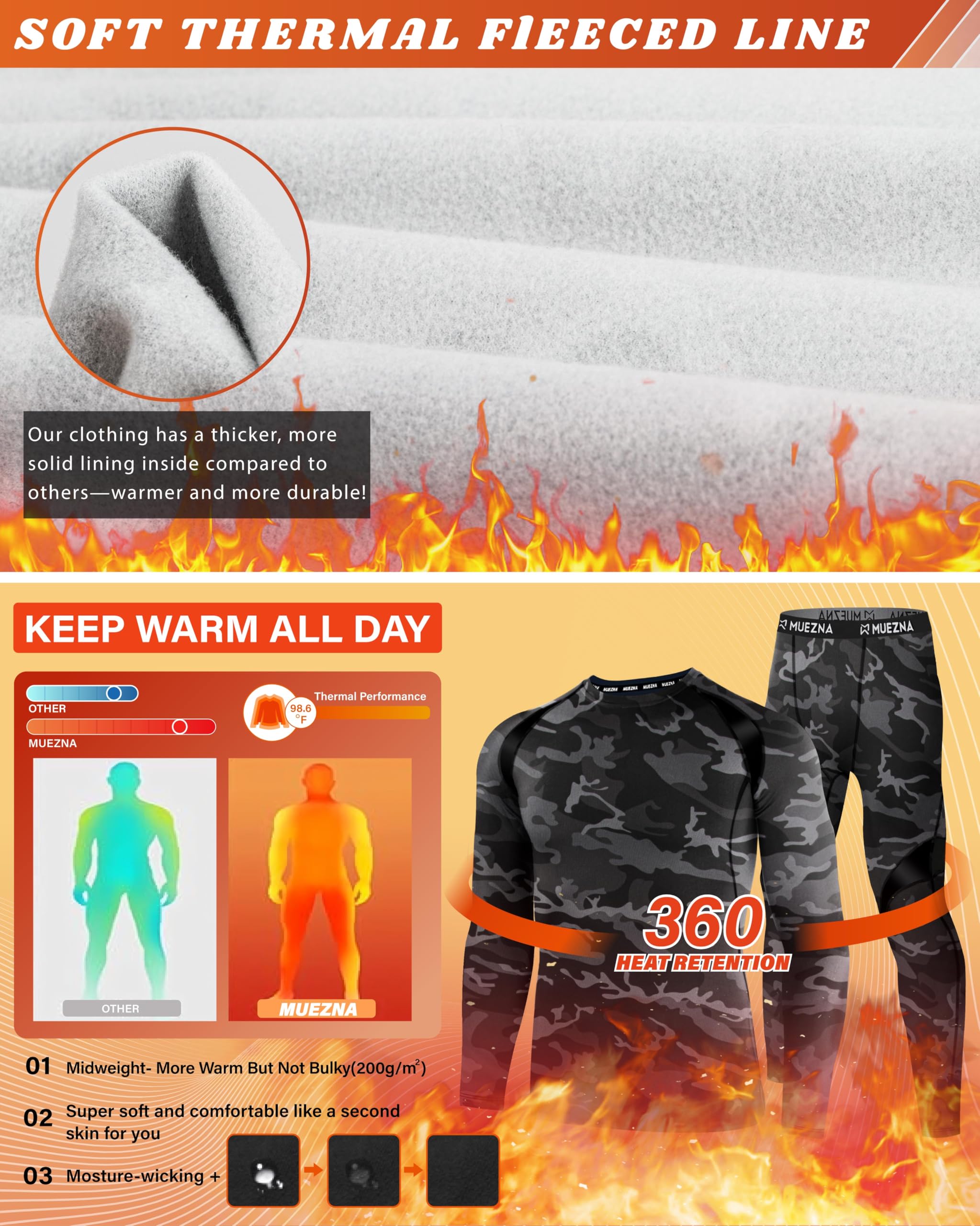 Muezna Herren Muezna Soft Fleece Lined Thermal Underwear Set Unterwsche (2er Pack)
