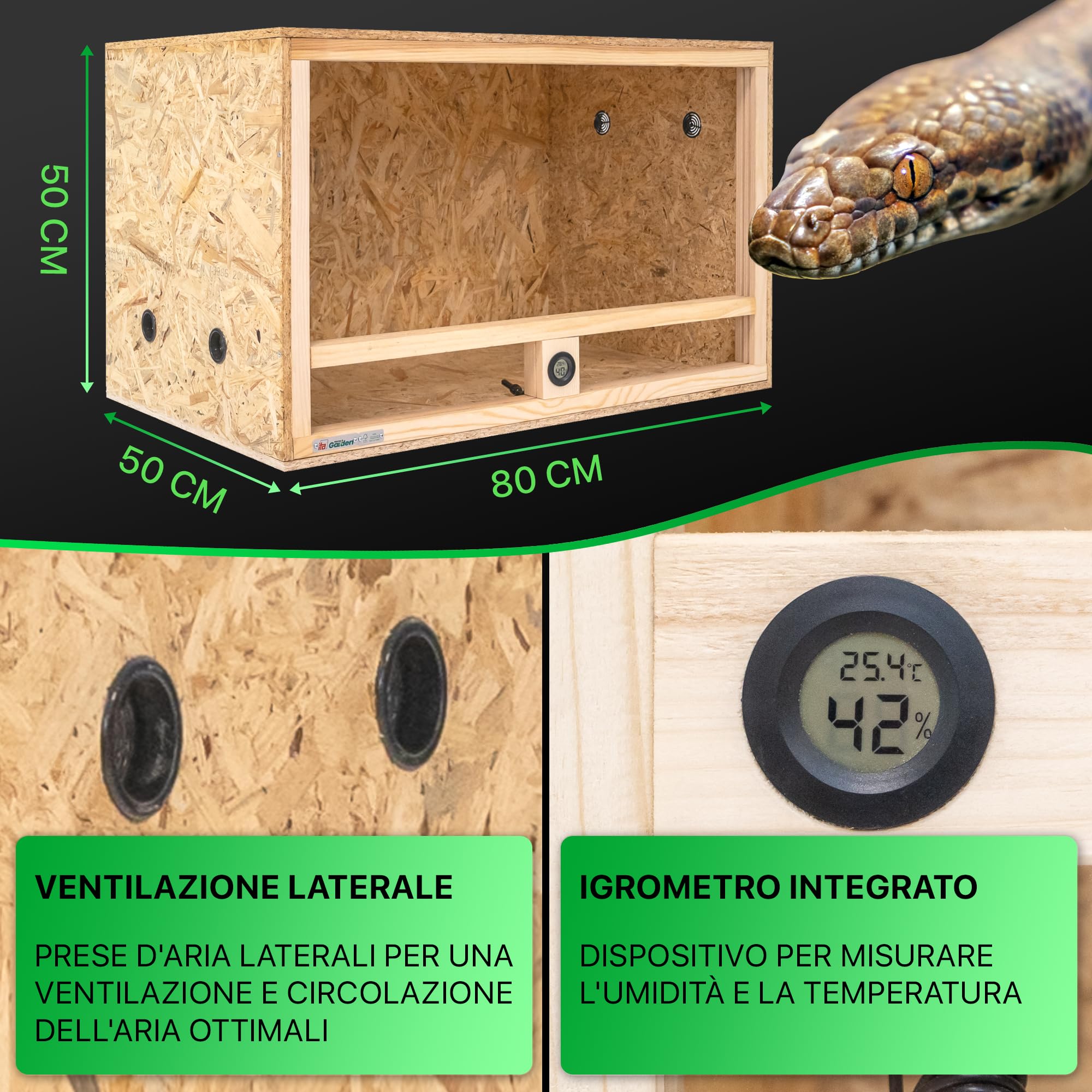 ITA Terrario in legno 80x50x50 cm con ventilazione laterale e igrometro integrato - Terrario in legno OSB-3 - Per rettili, serpenti, anfibi - Prodotto UE, certificato FSC