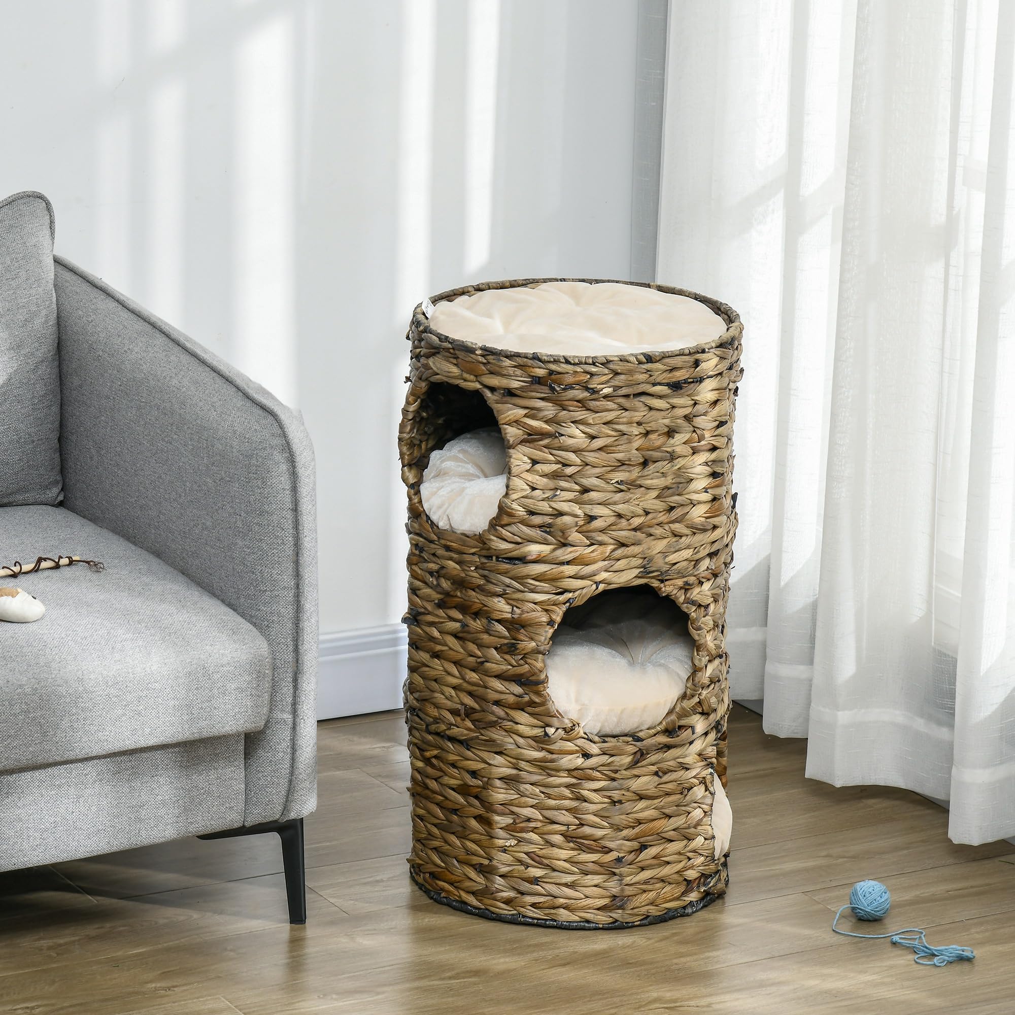 PawHut Barril rascador de 73 cm de Alto con 3 Cuevas, cojín, rascador con Cama para Gatos, Torre de Jacinto de Agua, Color marrón Oscuro
