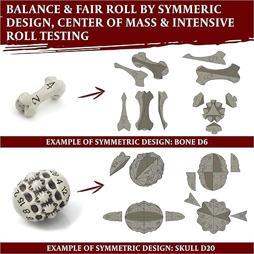 Miniatura 5 de DND Juego de dados  Juego de 7 dados poliédricos de calavera y hueso RPG  D20, D12, % D10, D10, D8, D6 y D4. Regalo genial y único para Calabozos y