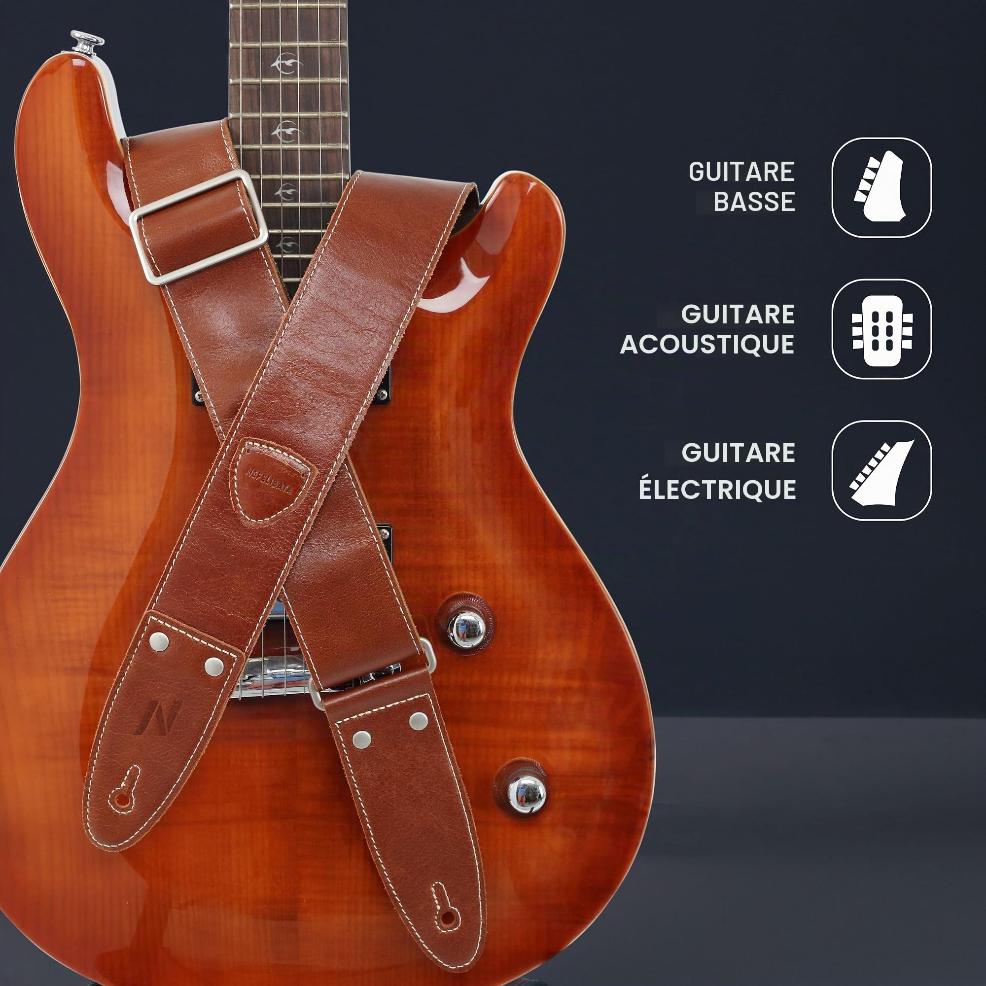 Nefelibata Sangle de guitare en cuir pleine fleur de 5,1 cm avec poche pour médiator pour basse, guitare électrique et acoustique, Ab# - Marron café, M