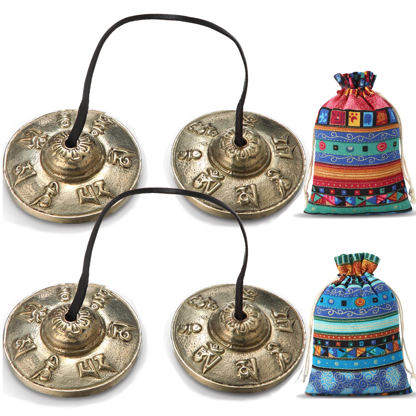 Foilswirl 2 Pcs Tibetan Tingsha Cymbals with 2 Pcs Tibetan Drawstring Cloth Bags Meditation Chime Bells 2.56in/6.5 cm Handcrafted Meditation Accessory for Mindfulness Yoga and Sound Healing
