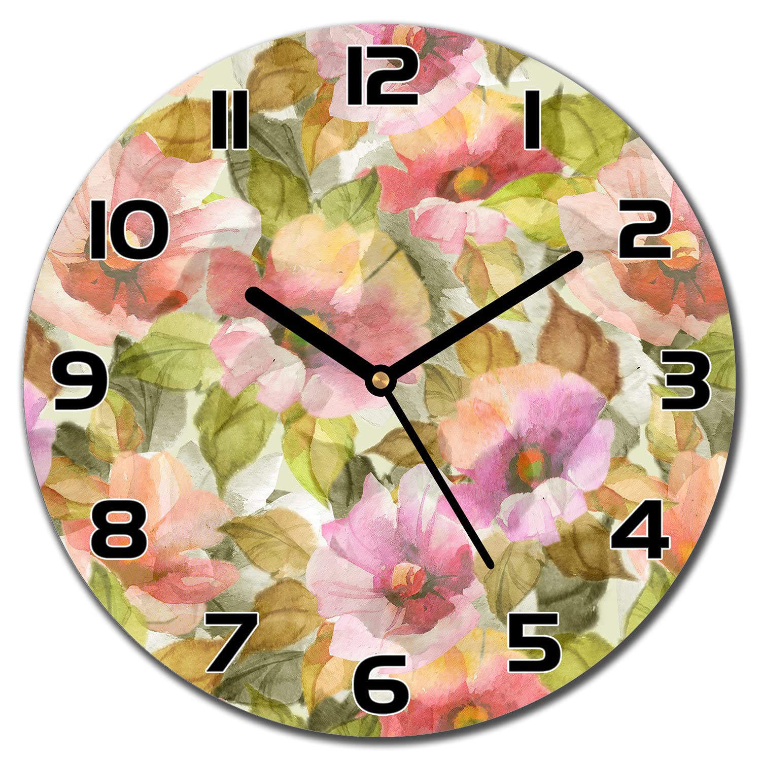 Horloge en verre murale 30 cm Coloray Fleurs Lumineuses avec aiguilles noires pour salon