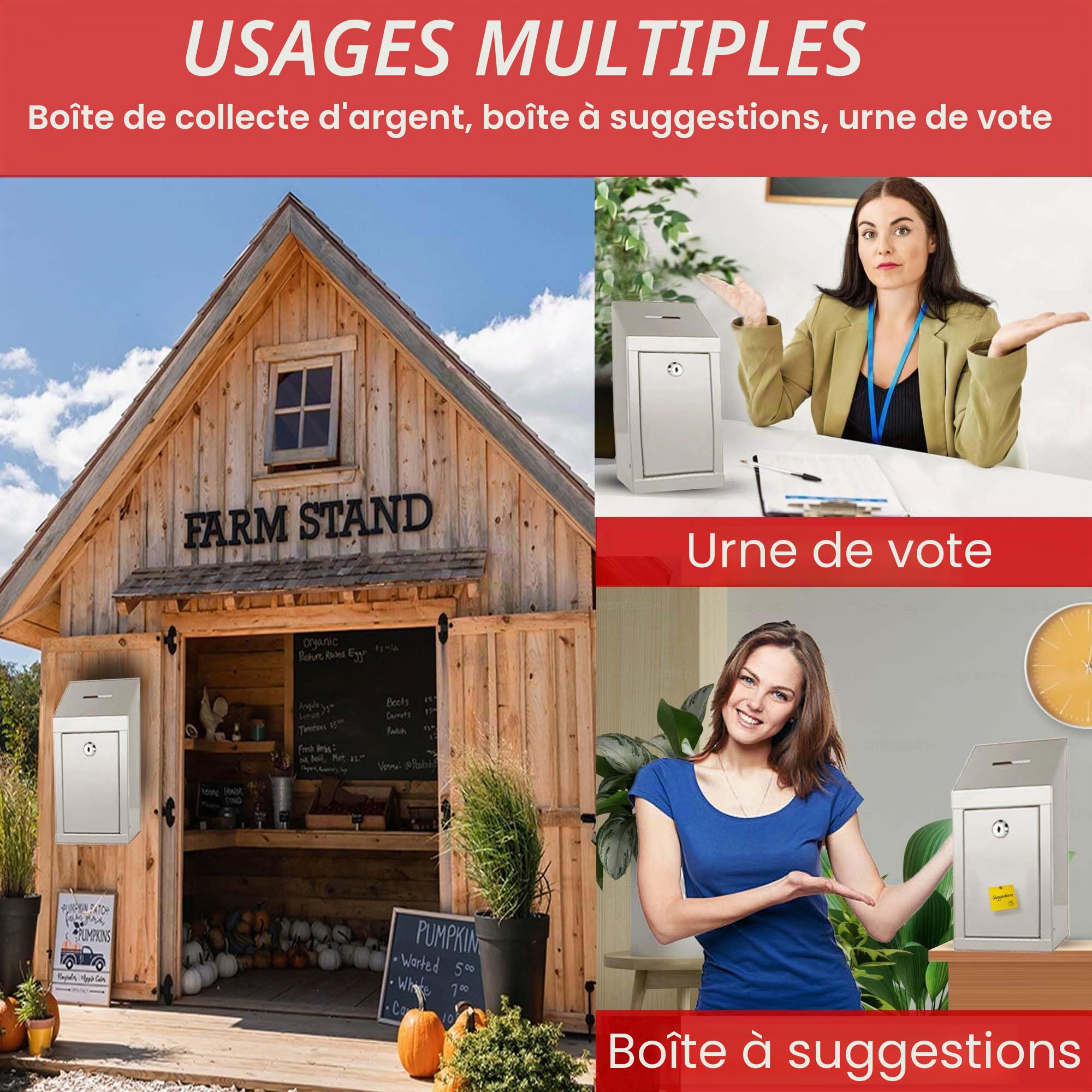 Boîte à suggestions en métal avec fente supérieure pour pièces de monnaie et serrure incluses avec 2 clés – Montage mural facile ou utilisation sur le comptoir (blanc cassé)