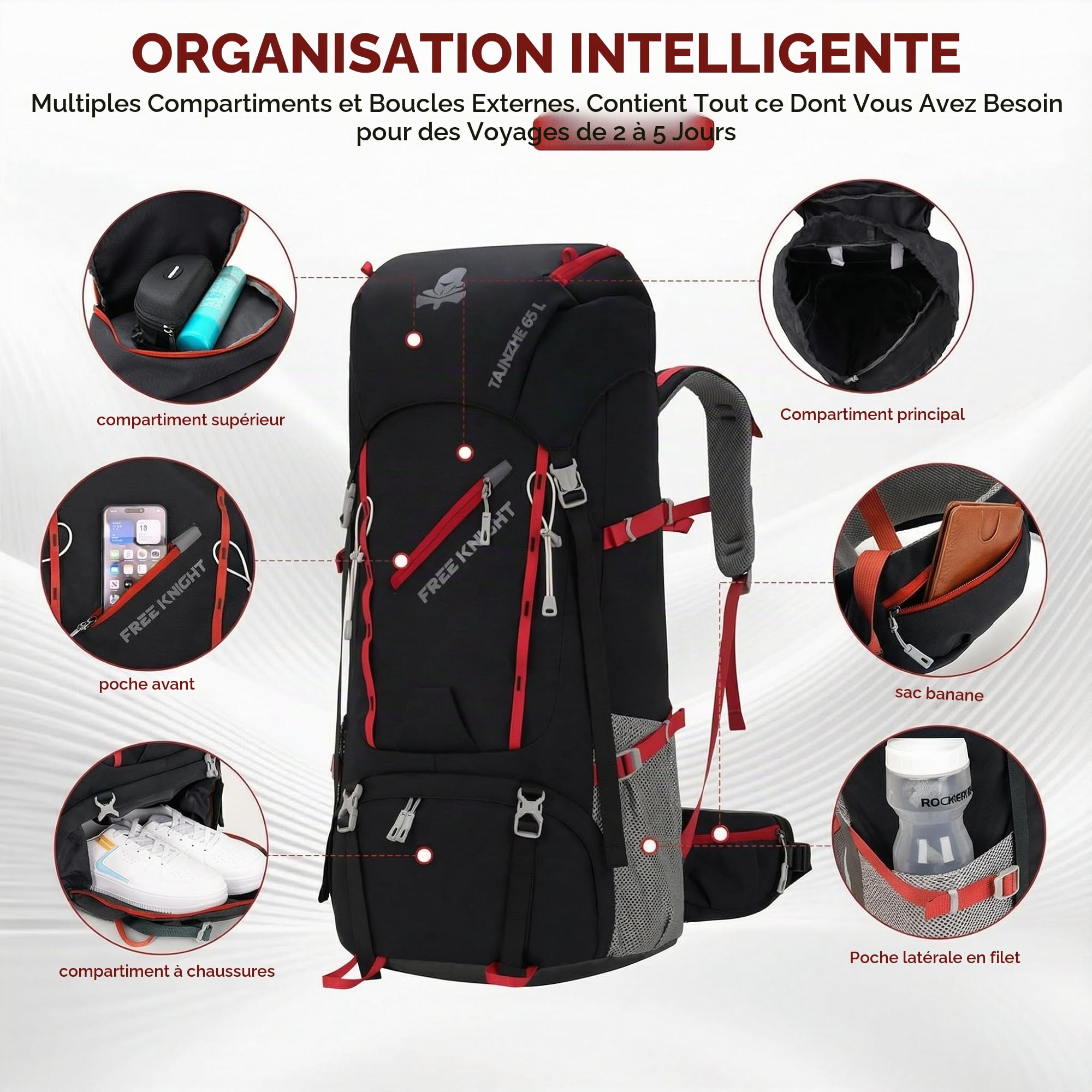 Bseash Sac à dos imperméable de 65 L avec housse de pluie, sac à dos de voyage pour escalade et randonnée