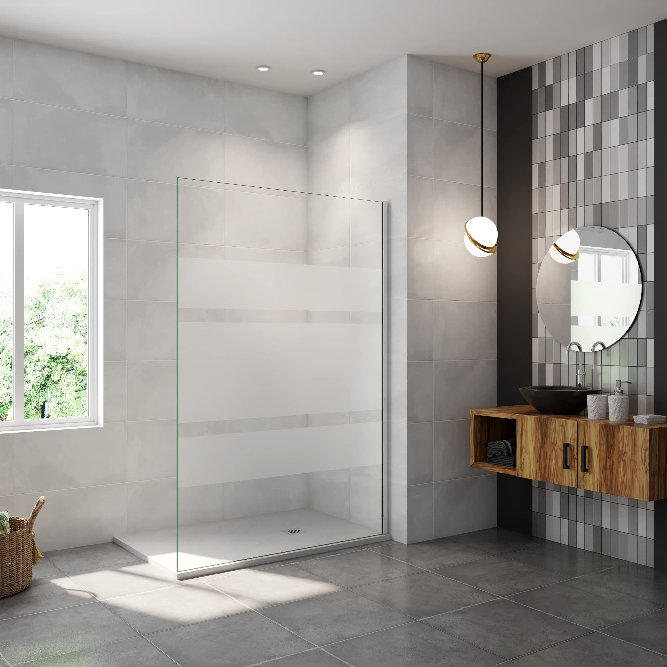 AICA paroi de douche à l'italienne 120x190cm en 6mm verre avec bandes horizontales sérigraphiées, paroi latérale fixe sans receveur de douche