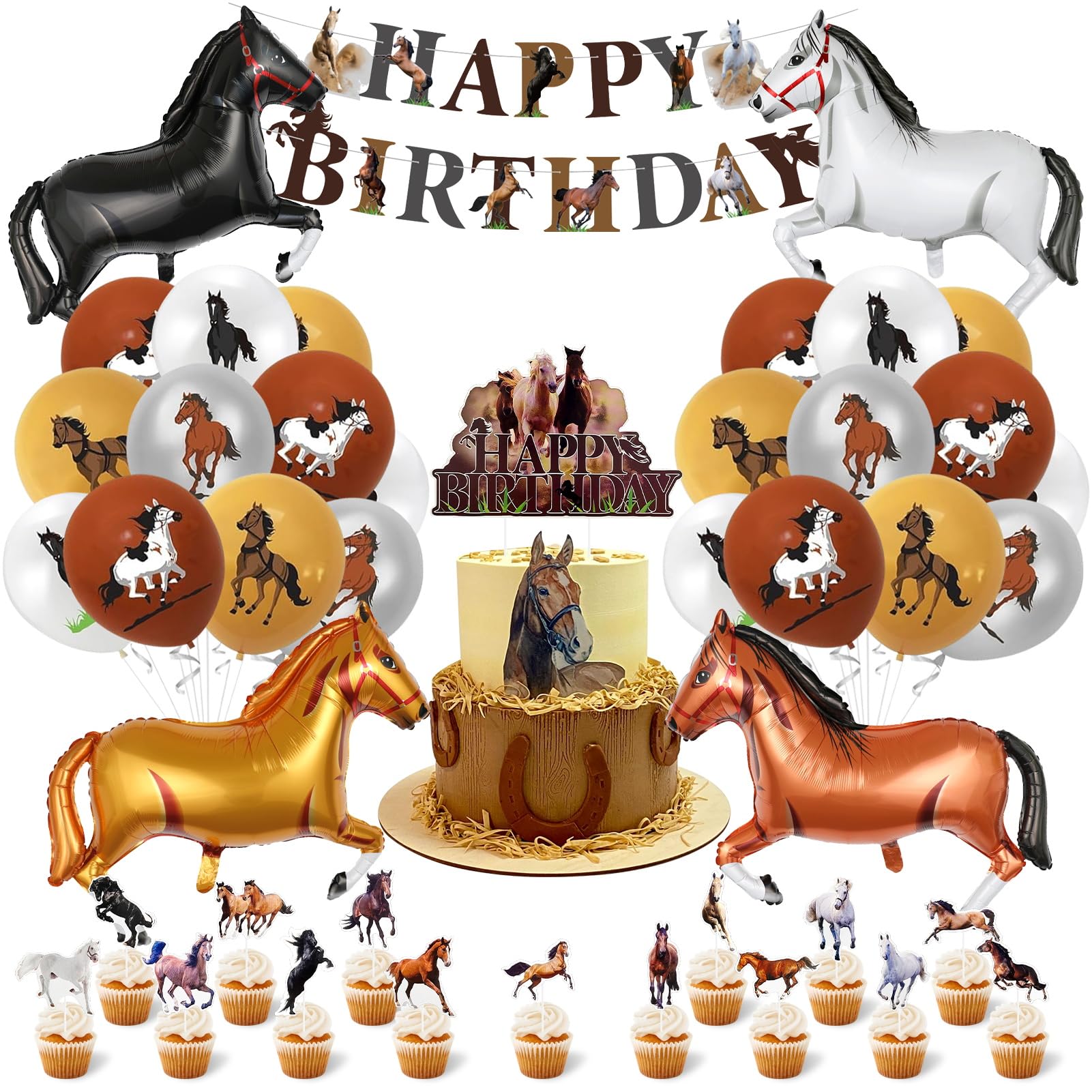 41 piezas de caballos decorativos para cumpleaños infantiles, decoración de cumpleaños para niños y niñas, con 20 globos de látex, 4 globos de aluminio, 16 adornos para tartas, 1 pancarta de feliz