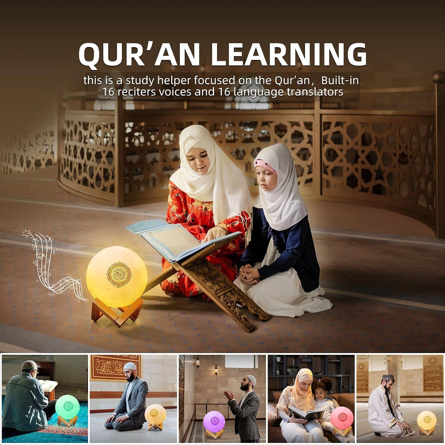 People studying the Quran with the Equantu Moon Lamp Quran Speaker, highlighting its educational features.