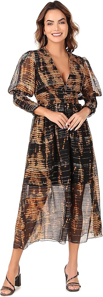 BoheeWohee Womens Boho CottageCore Smoked Floral Midi Chiffon Summer Dress
