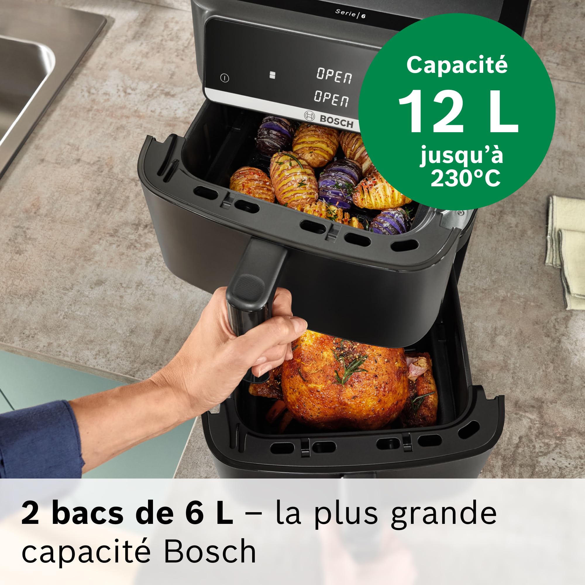 Bosch MAFD661B0 Série 6 - Air Fryer XXL | 2 bacs de 6 L, Fonction SYNC, 6 programmes, Revêtement non toxique, Intérieur métal