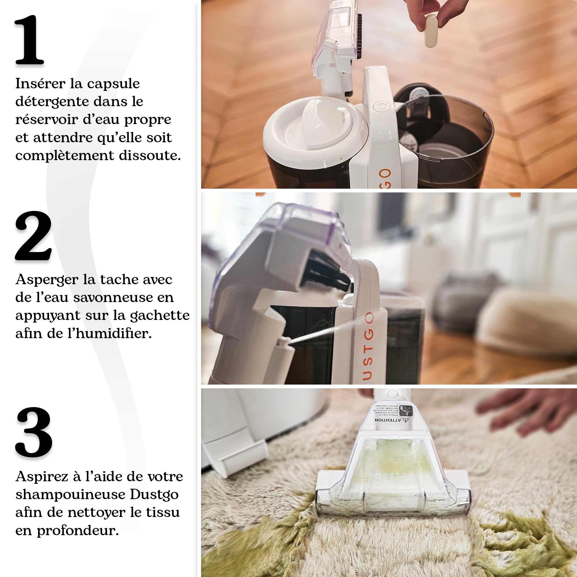 DUSTGO - Shampouineuse Canapé Tissu, Nettoyeur pour Tapis & Moquettes, Moteur 600W, Compact et Portable, Nettoyeur Voiture, Réservoir Amovible, Pour Meubles, Escaliers, Tissus d'Ameublement