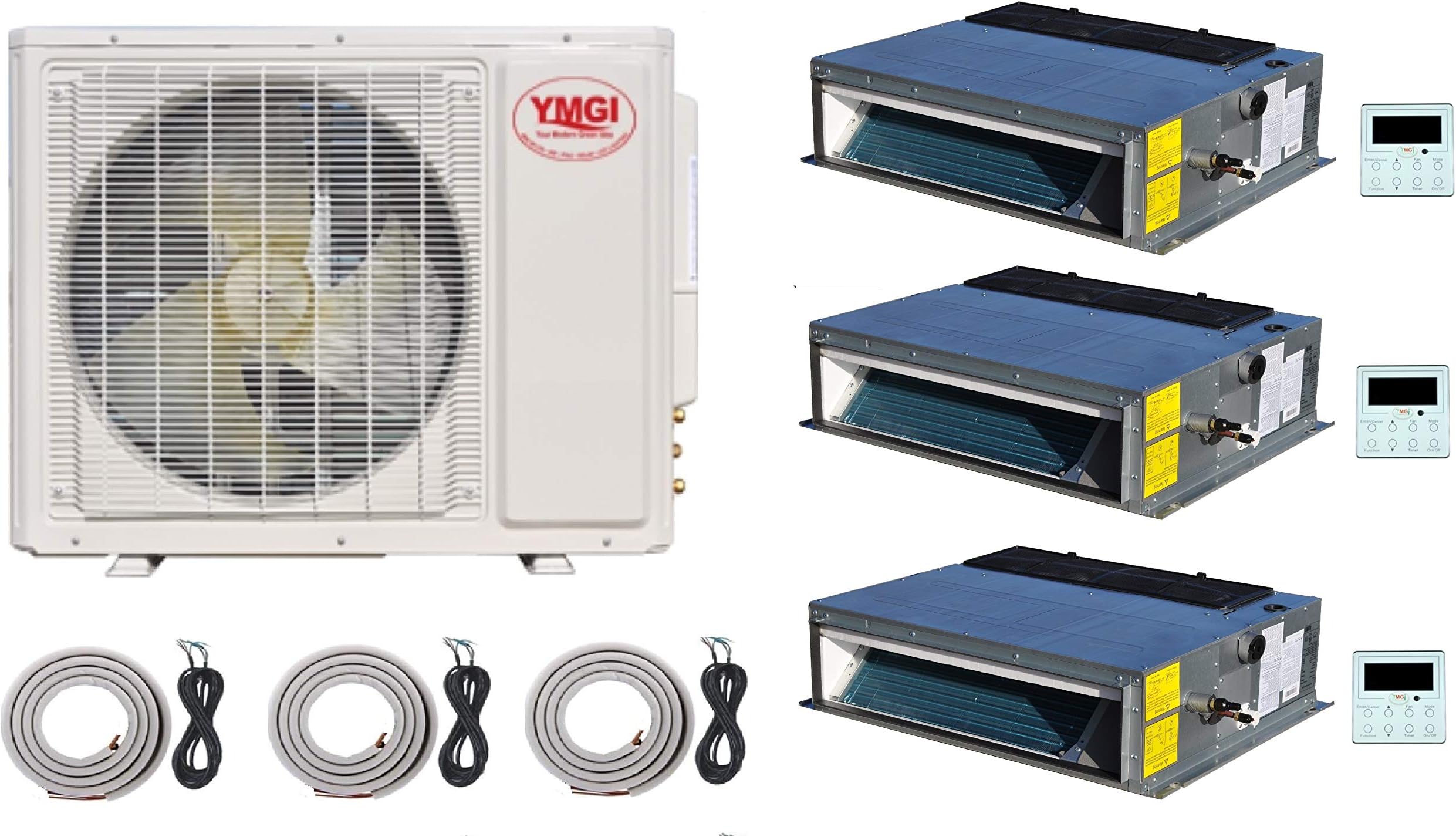 YMGI 3 Zone 36000 BTU 3 Ton 12K+12K+12K Pre-Charged low profile Fan coil Conceal Ductless Mini Split AC Heating with 25 Ft Installation kits