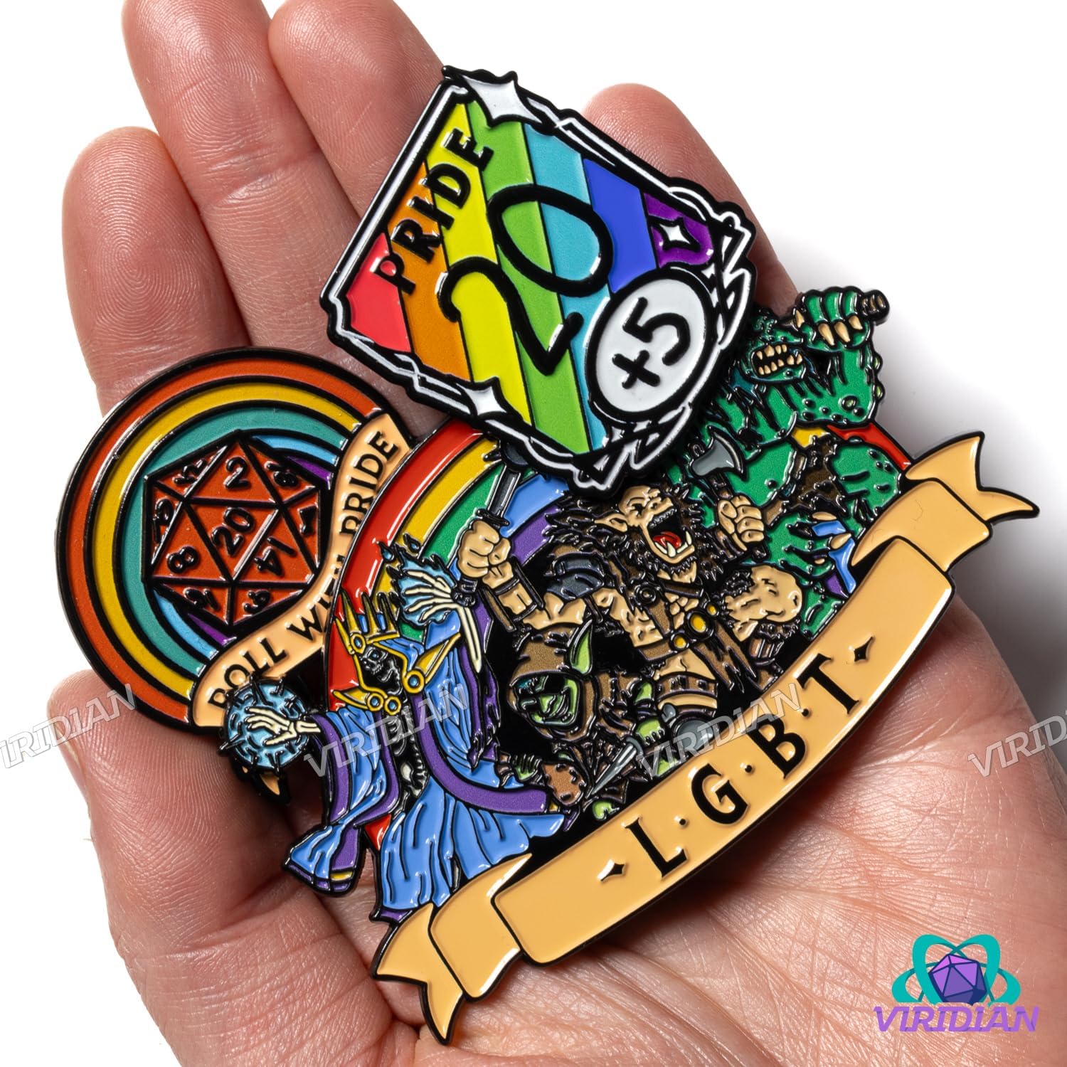 TTRPG/D&D Pride-Themed Enamel Pins (Set of 3), LGBT (Lich Goblin Bugbear Troll), Roll With Pride™ Rainbow, Rainbow Dnd Stat Block, Soft Enamel, 1.4-3.25 Inch Sizes, Metal