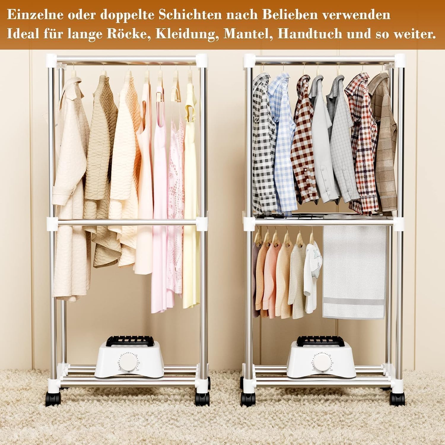Kiseely Wäschetrockner, Tragbare Trockenmaschine mit Timer, 60inch Wäschetrockner mit großer Kapazität, elektrischer Trockner/Rack für Zuhause (Weiß BW1)