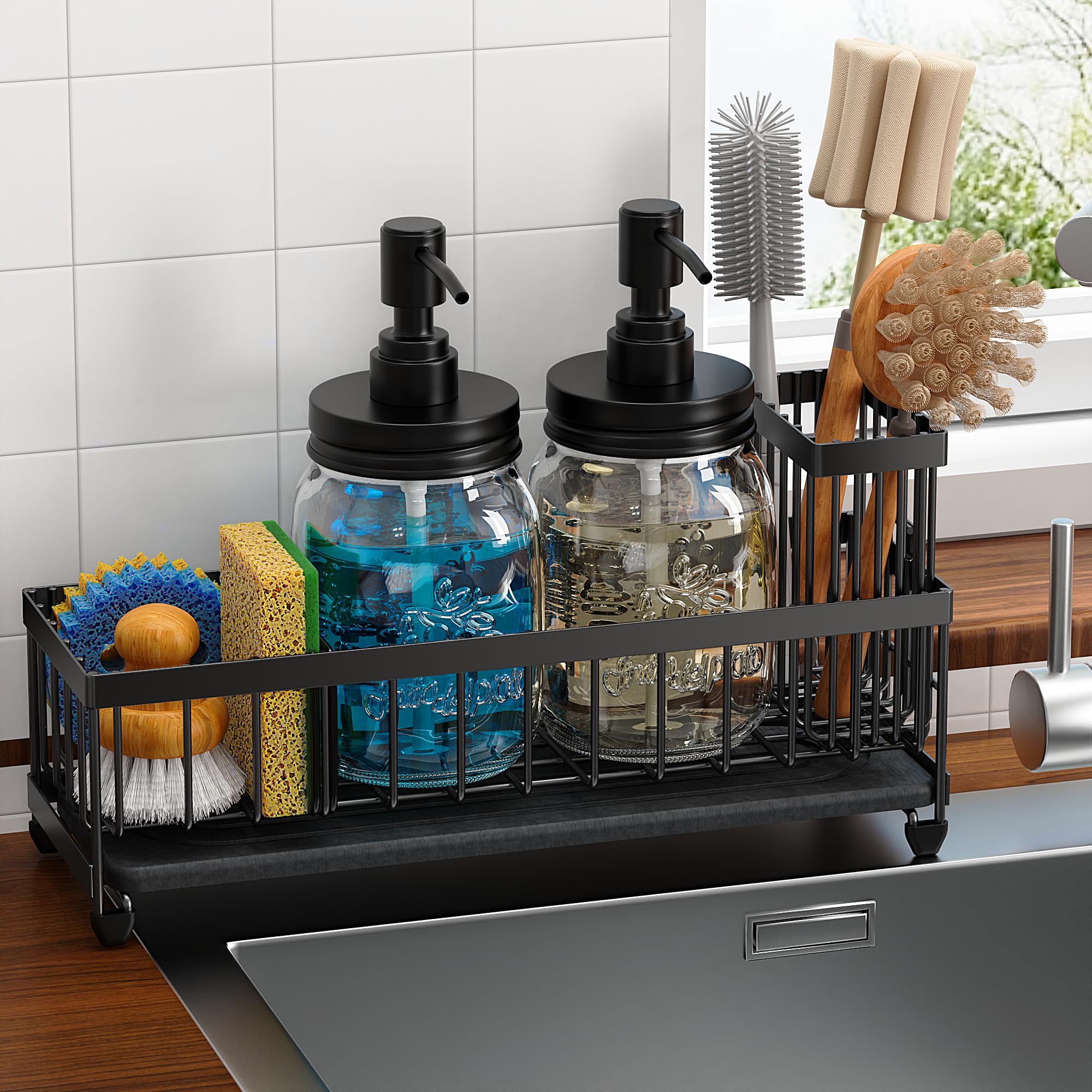 Mason Jar 16 oz Liquid Soap Dispensers Set with Large Kitchen Sink Caddy Black Rustproof Stainless Steel Pump